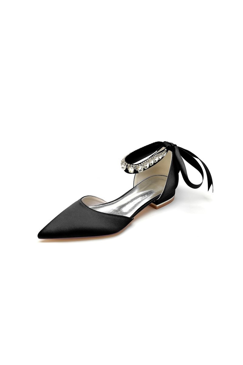 Rhinestone Ribbon Pointed Toe Ankle Strap Kitten Heels - BOLODOO