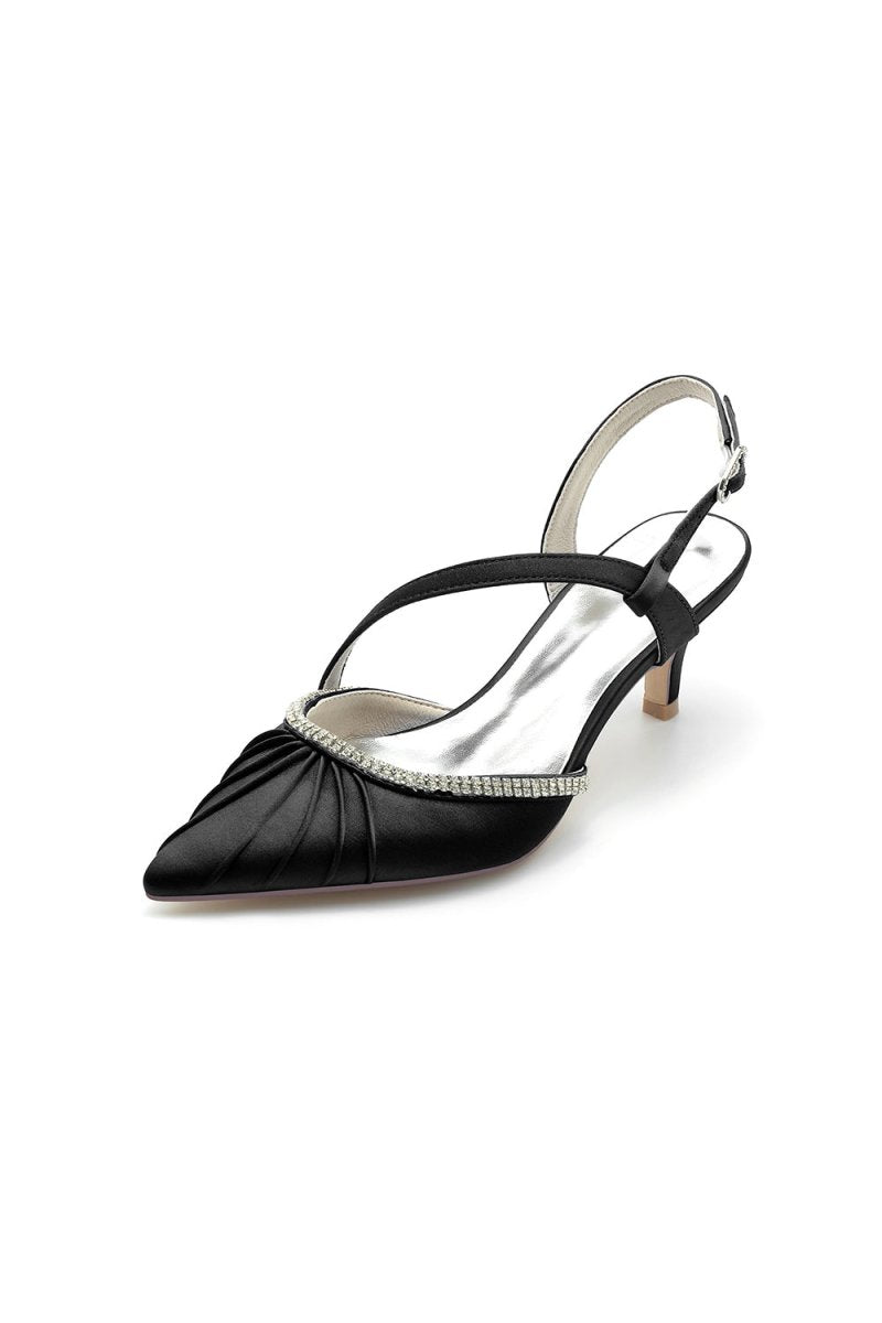 Satin Pointed Toe Slingback Heels with Rhinestone - BOLODOO