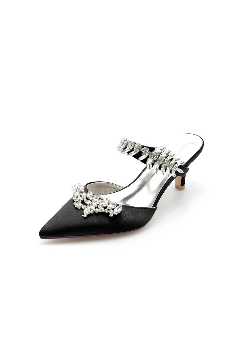 Satin Pointed Toe Mules with Crystal Rhinestone - BOLODOO