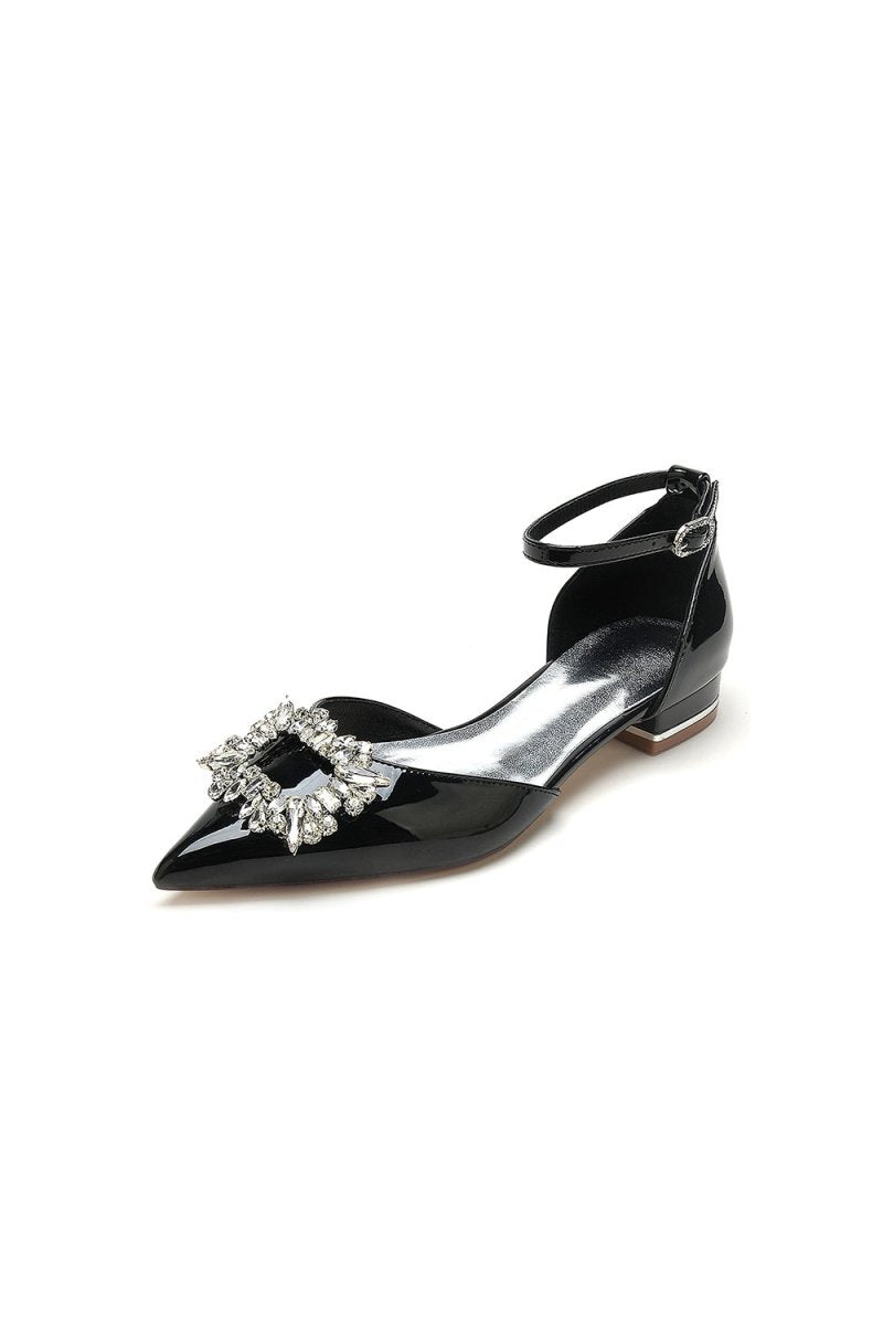 Pointed Toe Patent Leather Flats with Crystal Embellishment - BOLODOO