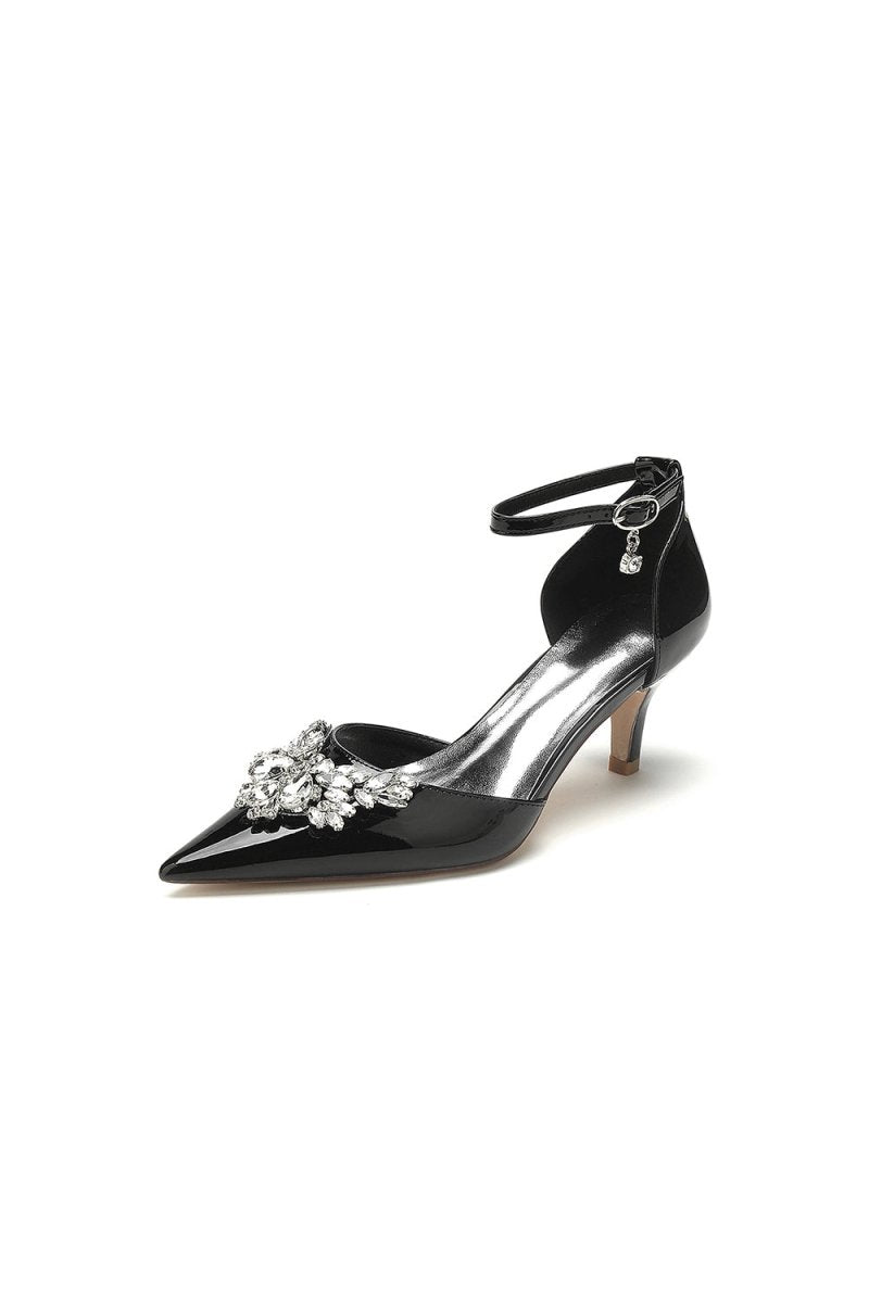 Elegant Black Patent Leather High Heels with Large Crystal Embellishment - BOLODOO