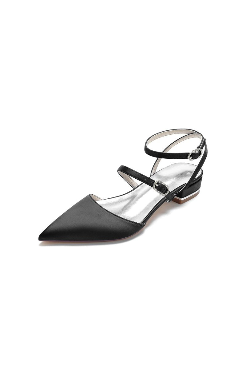 Simple Satin Pointed Toe Buckle Kitten Heels - BOLODOO