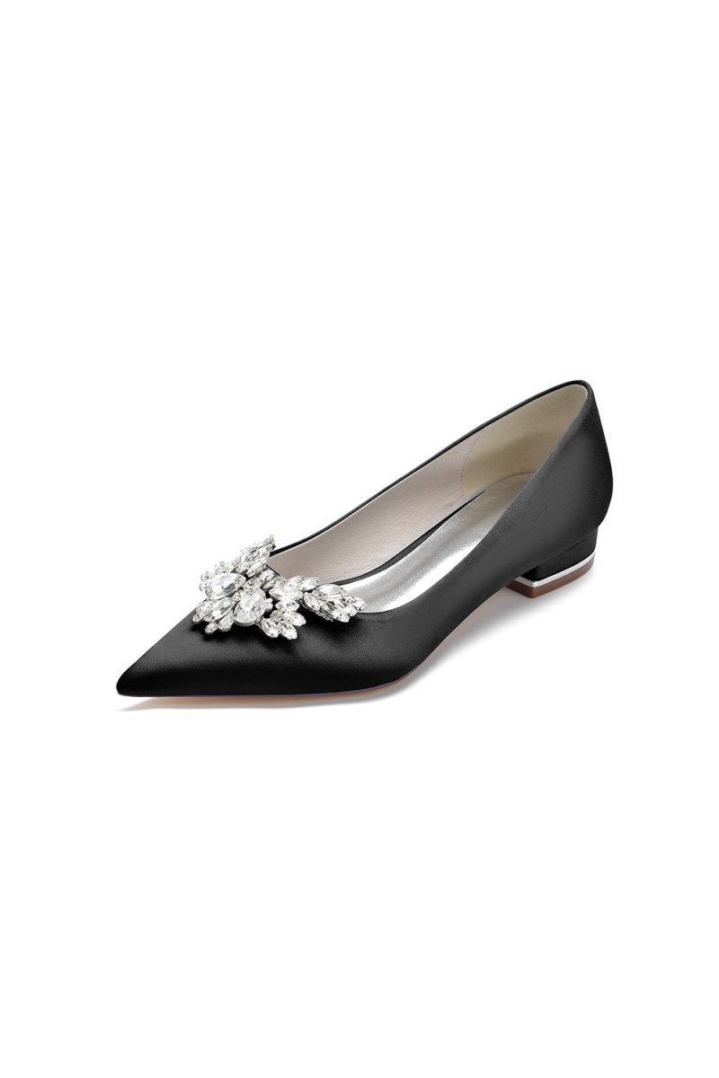Satin Pointed Toe Rhinestone Kitten Heels - BOLODOO