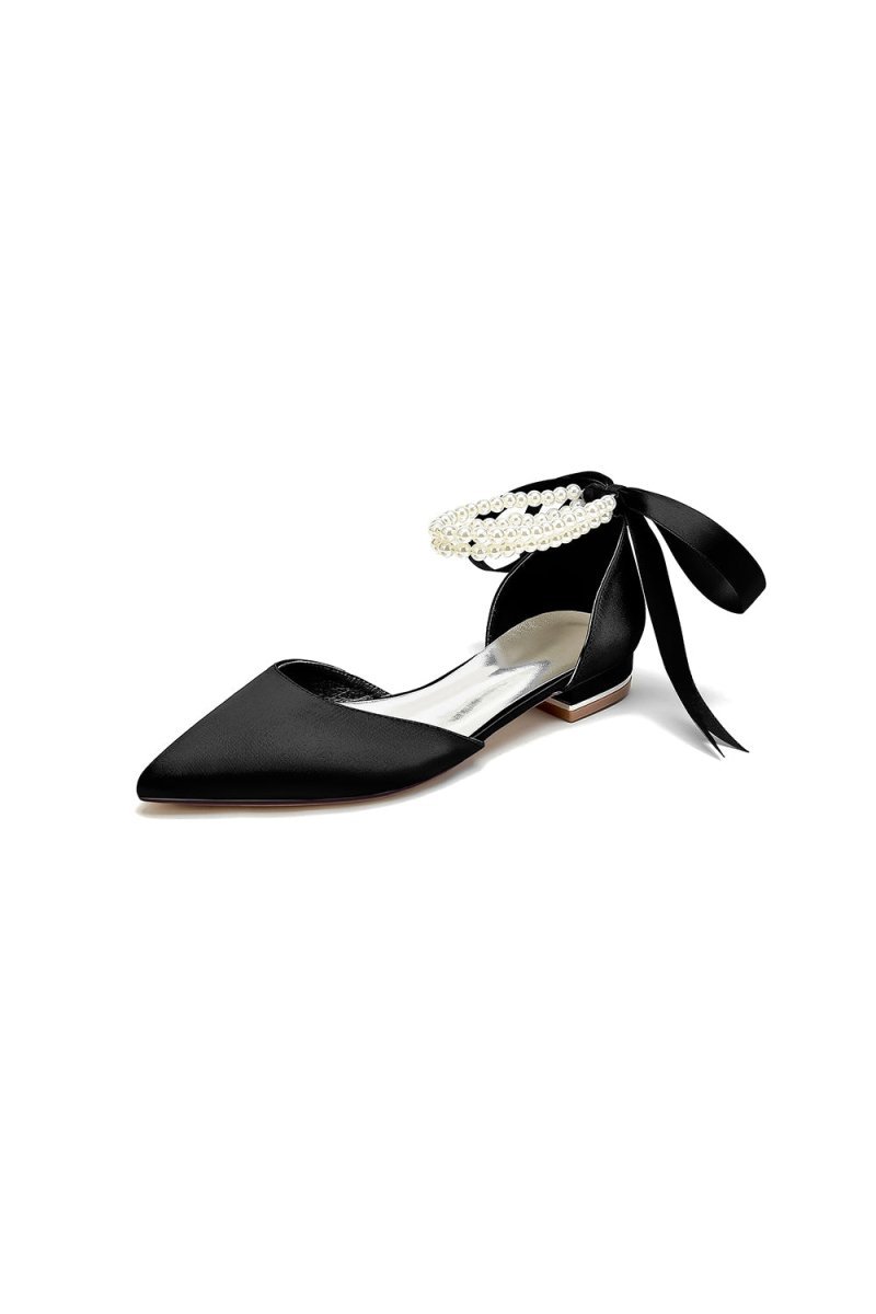 Pointed Toe Pearl Ribbon Ankle Strap Kitten Heels - BOLODOO