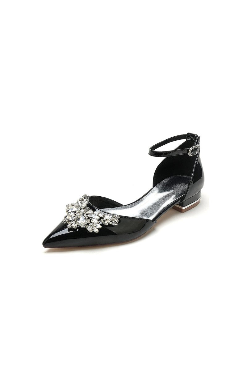 Pointed Toe Patent Leather Flats with Crystal Embellishment - BOLODOO