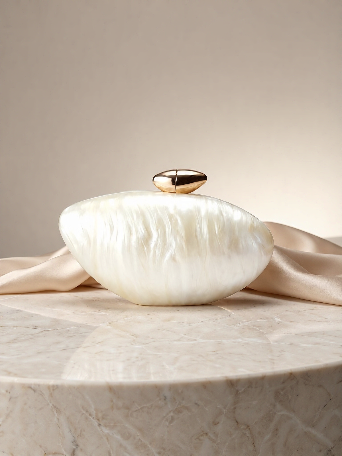 BOLODOO Ivory Pearlescent Oval Clutch with Gold-Tone Clasp 