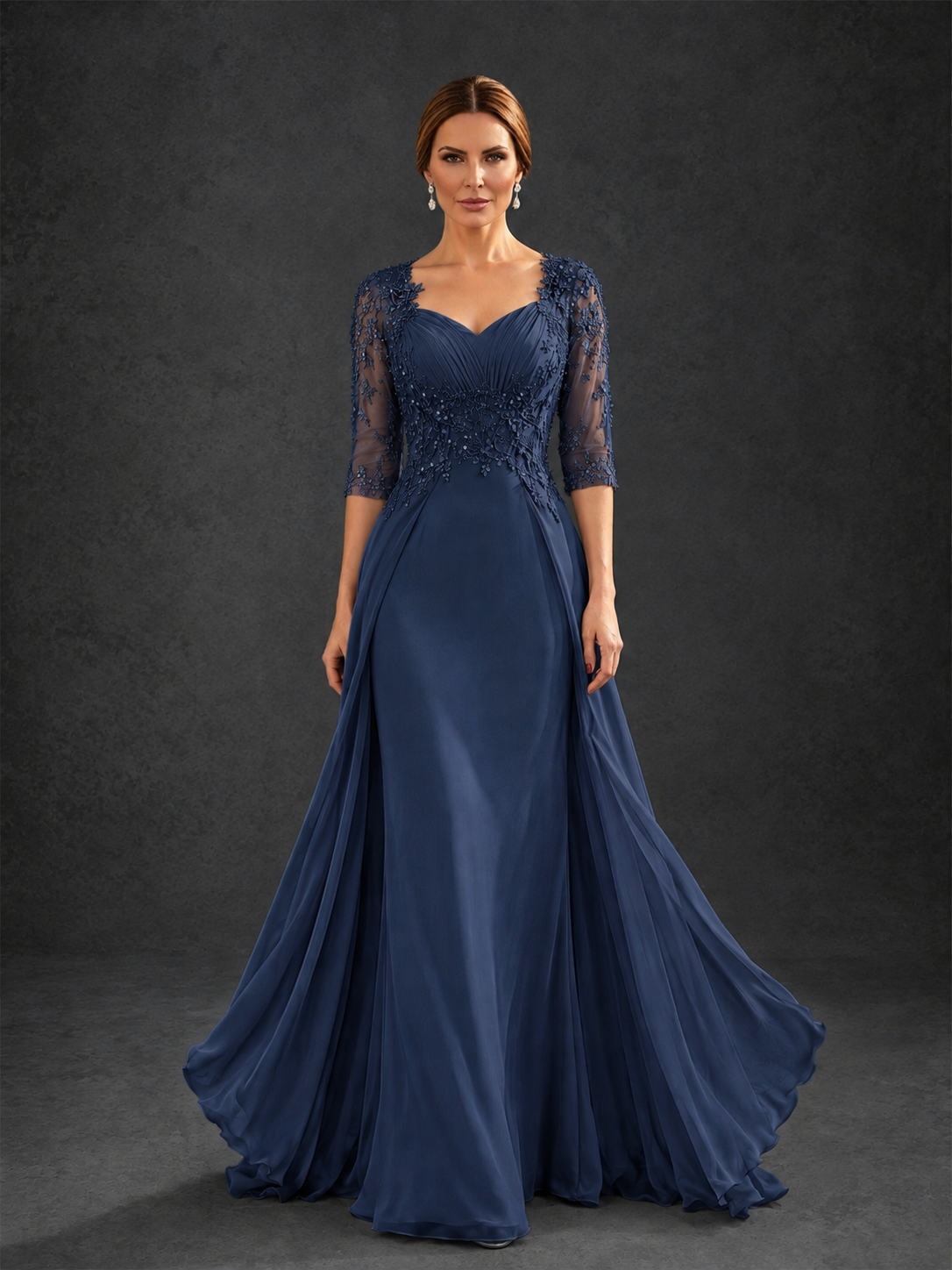 BOLODOO 9 22 4BD0338 Sweetheart Neck 3/4 Sleeve Floral Lace Illusion Bodice Chiffon A-Line Gown - 9.22 4BD0338