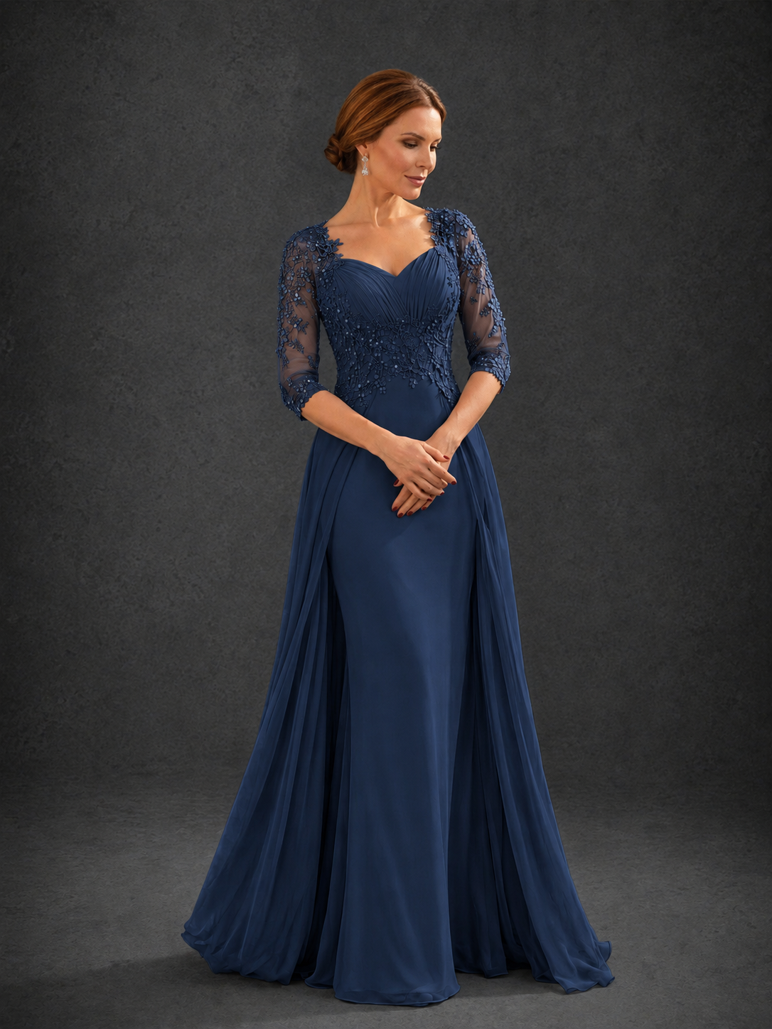 BOLODOO 9 22 4BD0338 Sweetheart Neck 3/4 Sleeve Floral Lace Illusion Bodice Chiffon A-Line Gown - 9.22 4BD0338