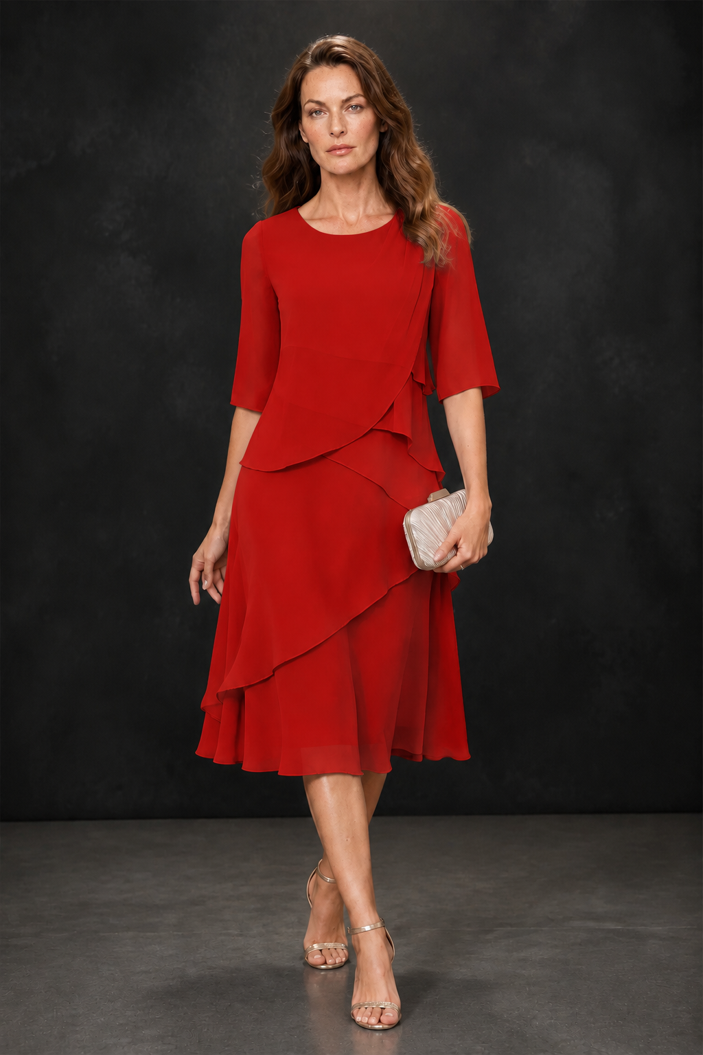 BOLODOO 9 22 7BX0034 Chiffon 3/4 Sleeve Asymmetric Tiered Tea Length Dress | Mother of the Bride Midi Dress - 9.22 7BX0034