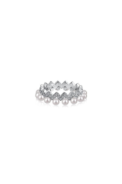 925 Sterling Silver Full Pearl 5A Cubic Zirconia Crown Shaped Ring - BOLODOO