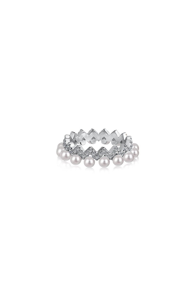925 Sterling Silver Full Pearl 5A Cubic Zirconia Crown Shaped Ring - BOLODOO