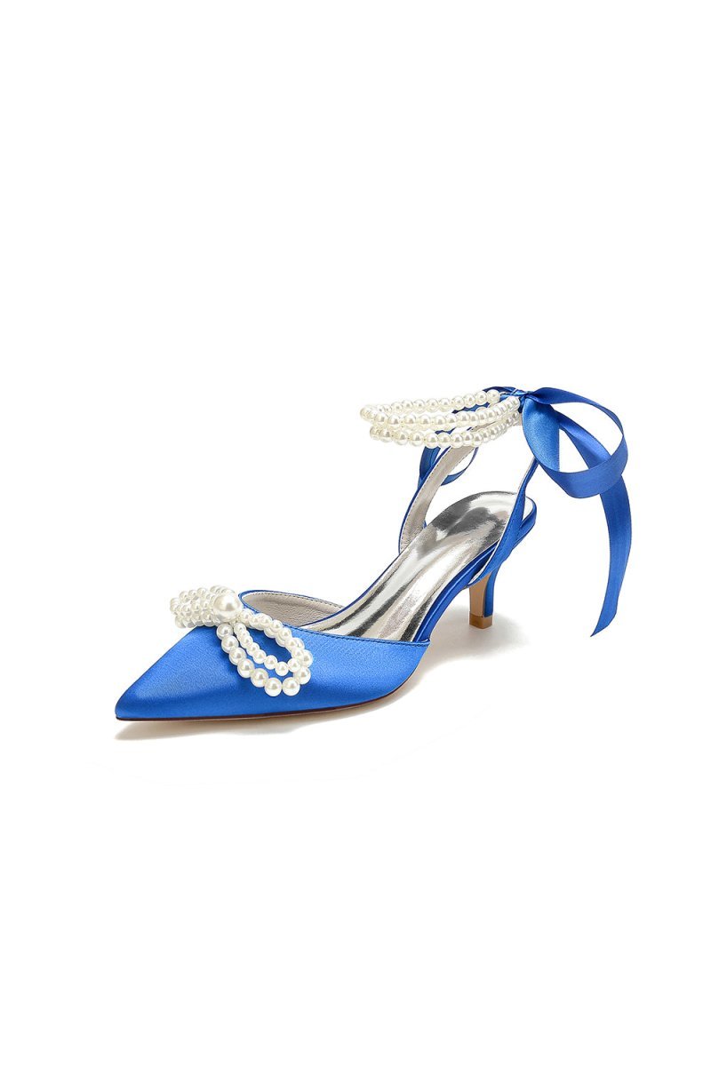 Pearl Ribbon Pointed Toe Ankle Strap High Heels - BOLODOO