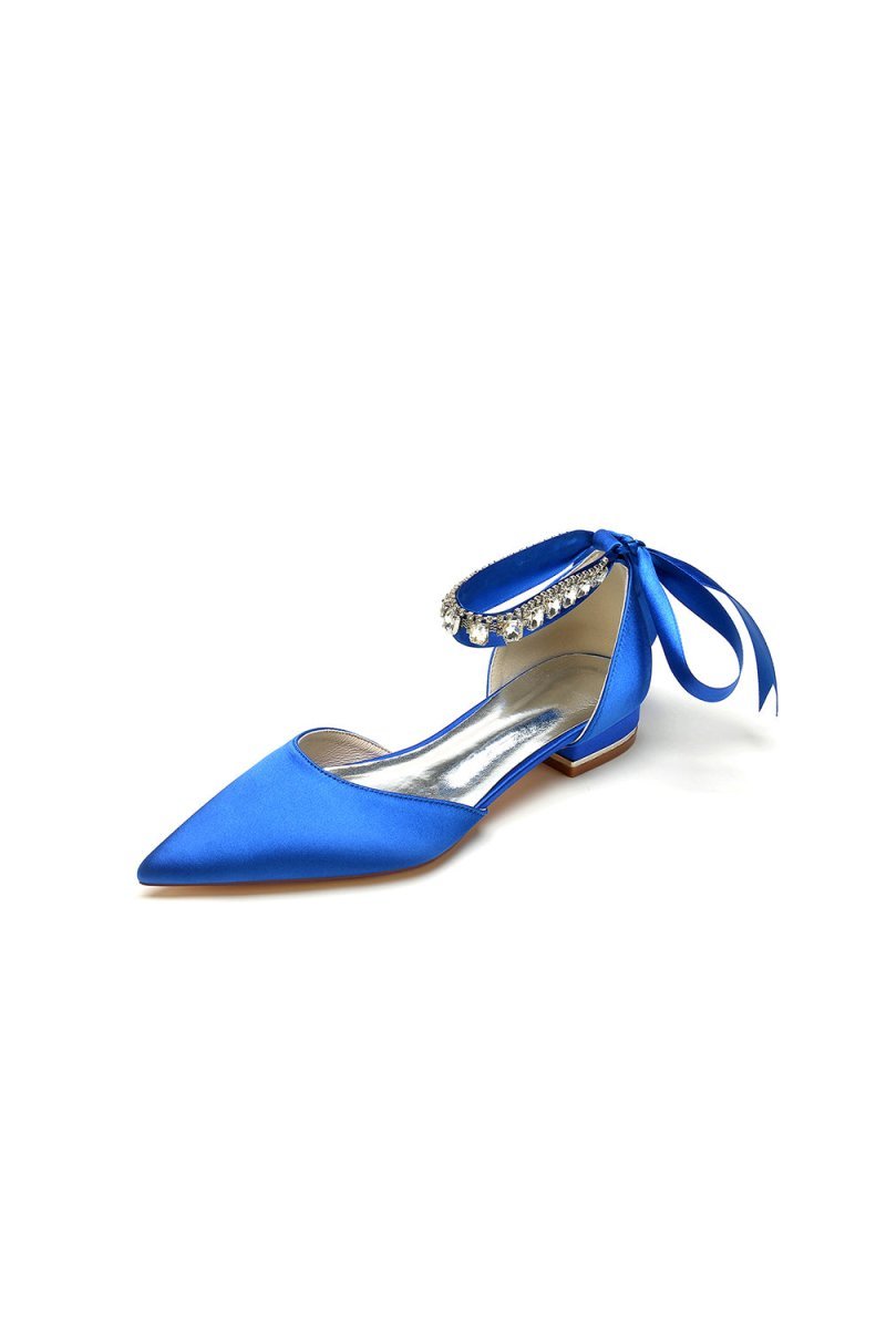 Rhinestone Ribbon Pointed Toe Ankle Strap Kitten Heels - BOLODOO