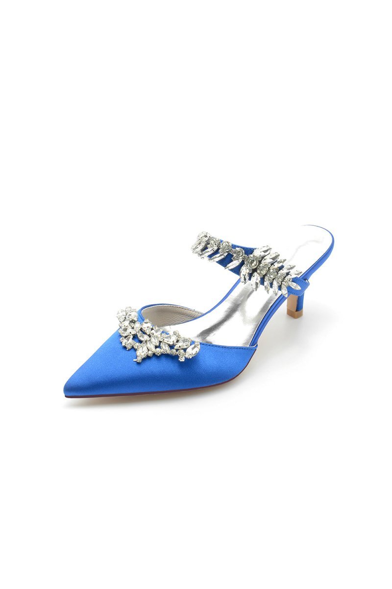 Satin Pointed Toe Mules with Crystal Rhinestone - BOLODOO