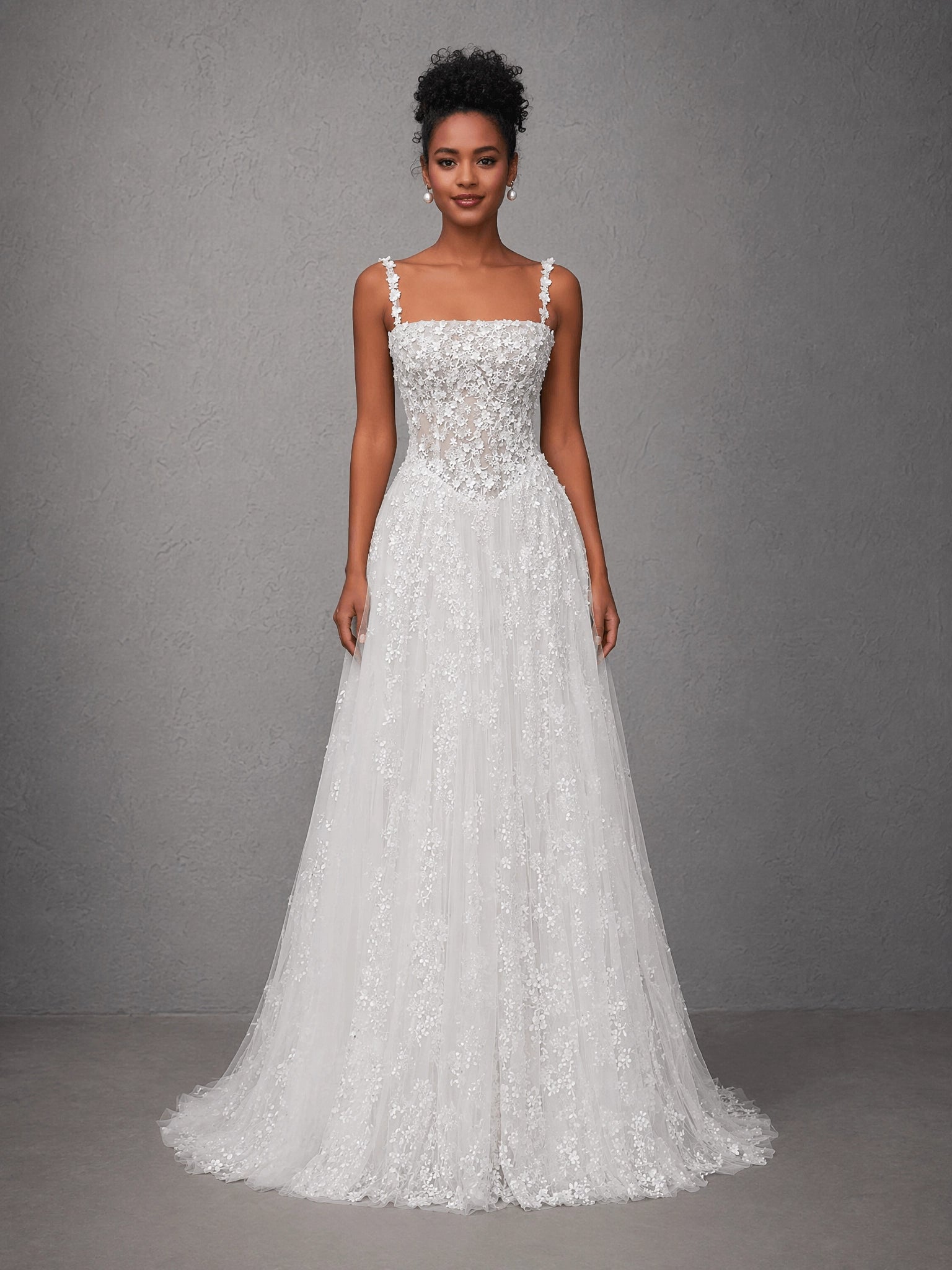BOLODOO White Square Neck 3D Floral Strap Beaded Lace Corset A-Line Wedding Gown with Glitter Tulle Train