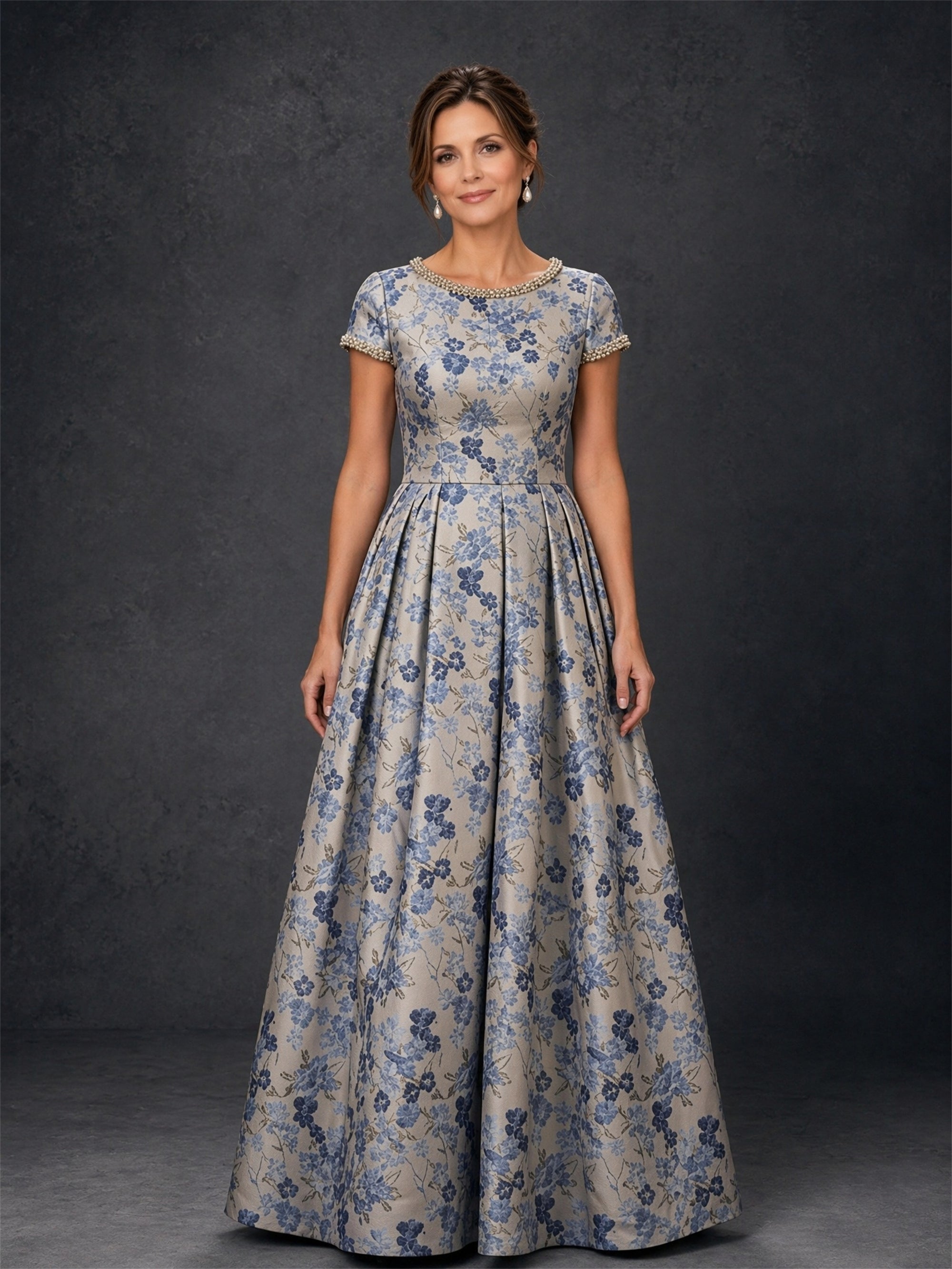 BOLODOO blue floral jacquard ball gown - front full length view with pearl neckline and short sleeves