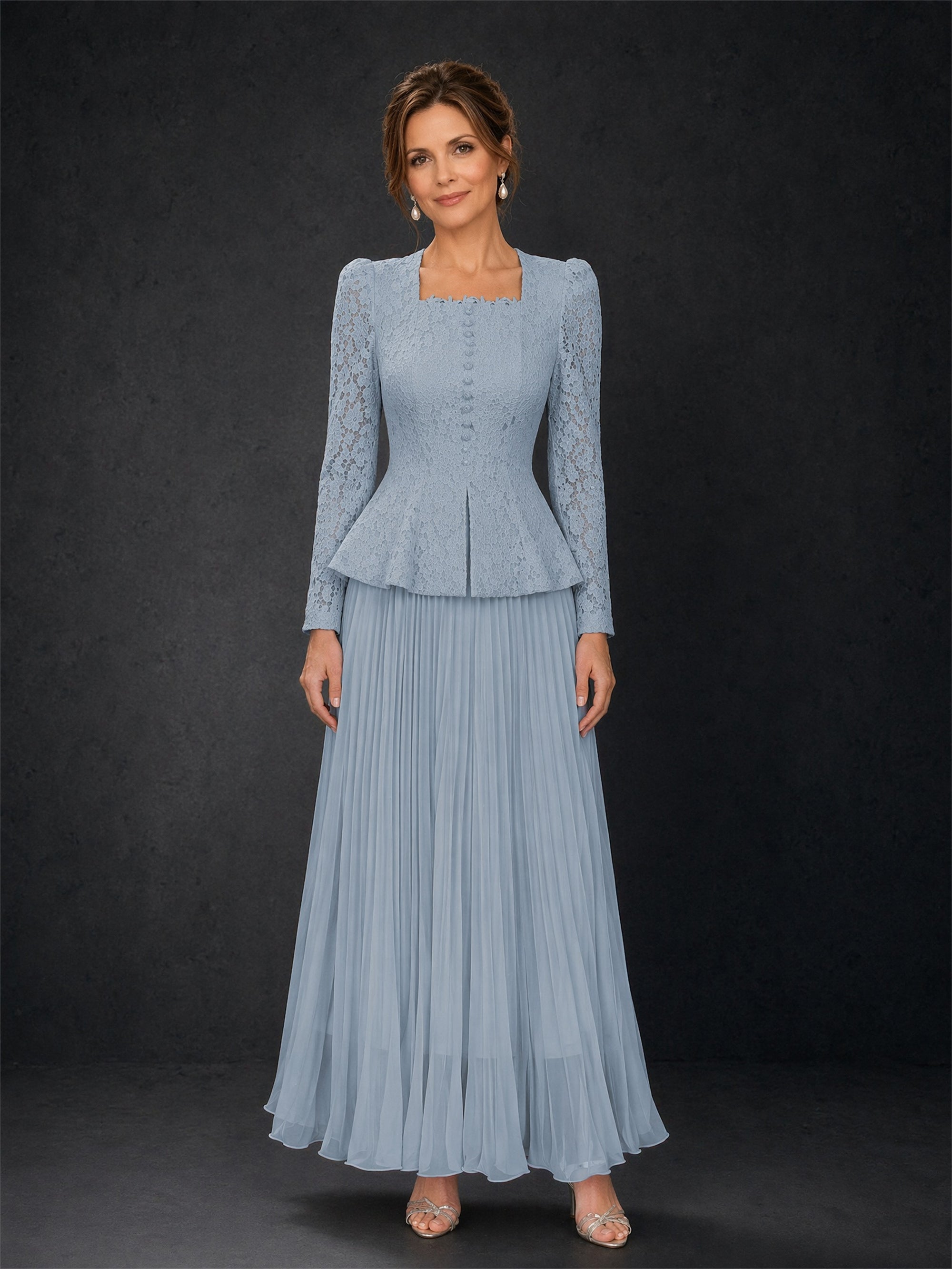 BOLODOO Dusty Blue Lace Square Neck Long Sleeve Peplum Pleated Maxi Dress - Front Full Length View
