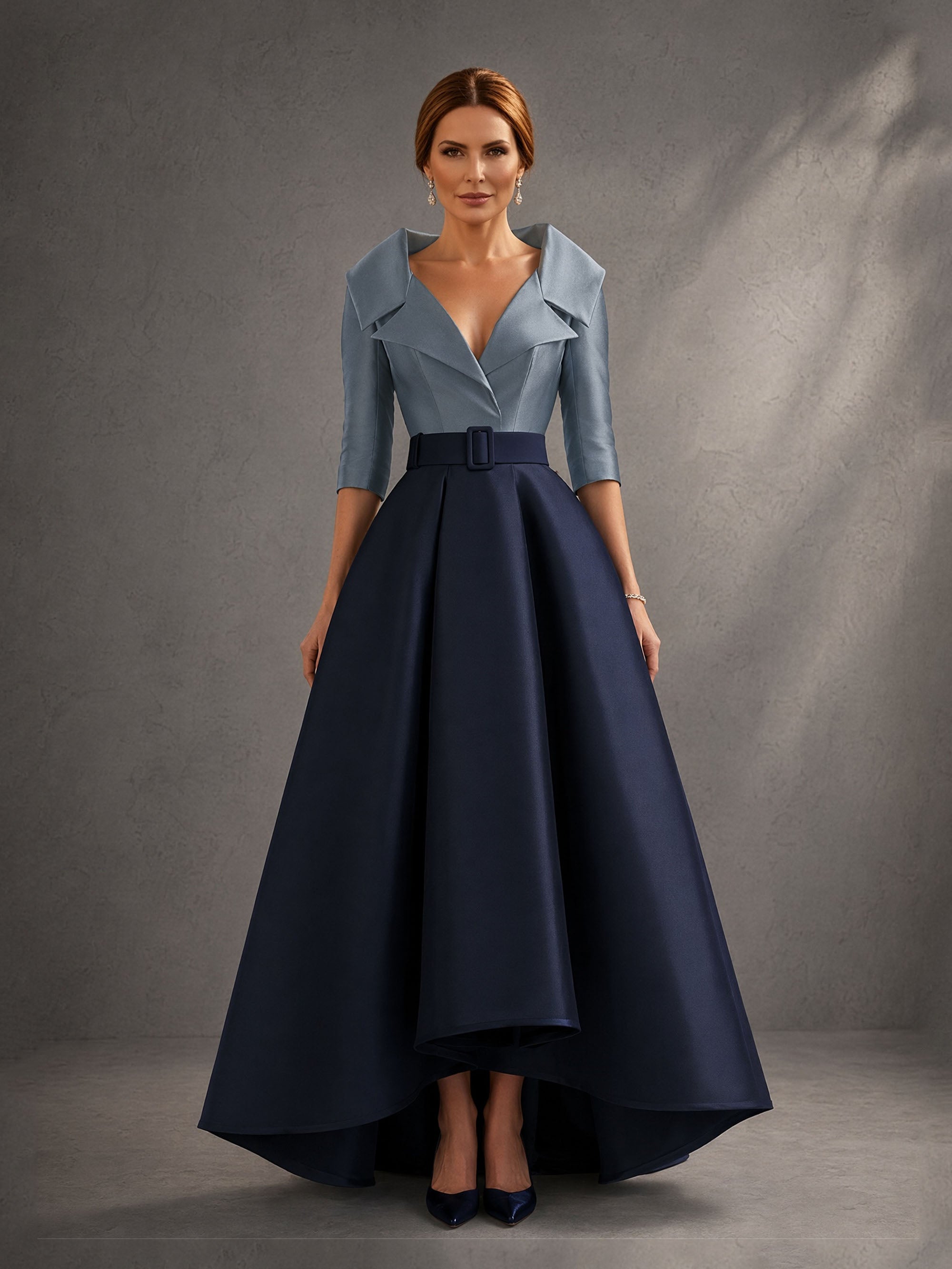 BOLODOO Two-Tone Steel Blue Navy Lapel Collar Satin Hi-Low A-Line Gown – Front View Full Length