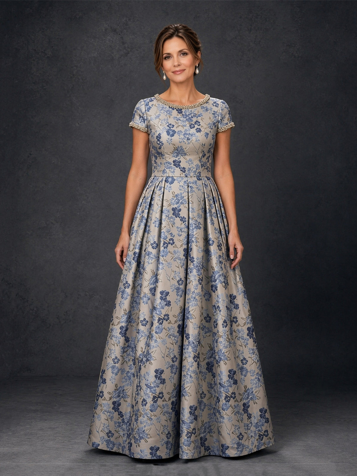 BOLODOO Blue Floral Jacquard Ball Gown – Pearl Trim Short Sleeve Mother of the Bride Dress
