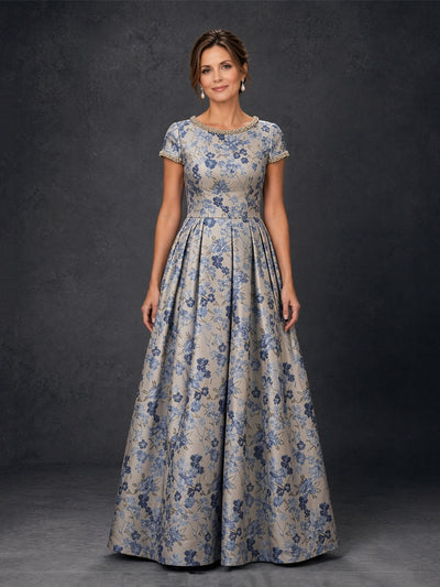 BOLODOO Blue Floral Jacquard Ball Gown – Pearl Trim Short Sleeve Mother of the Bride Dress