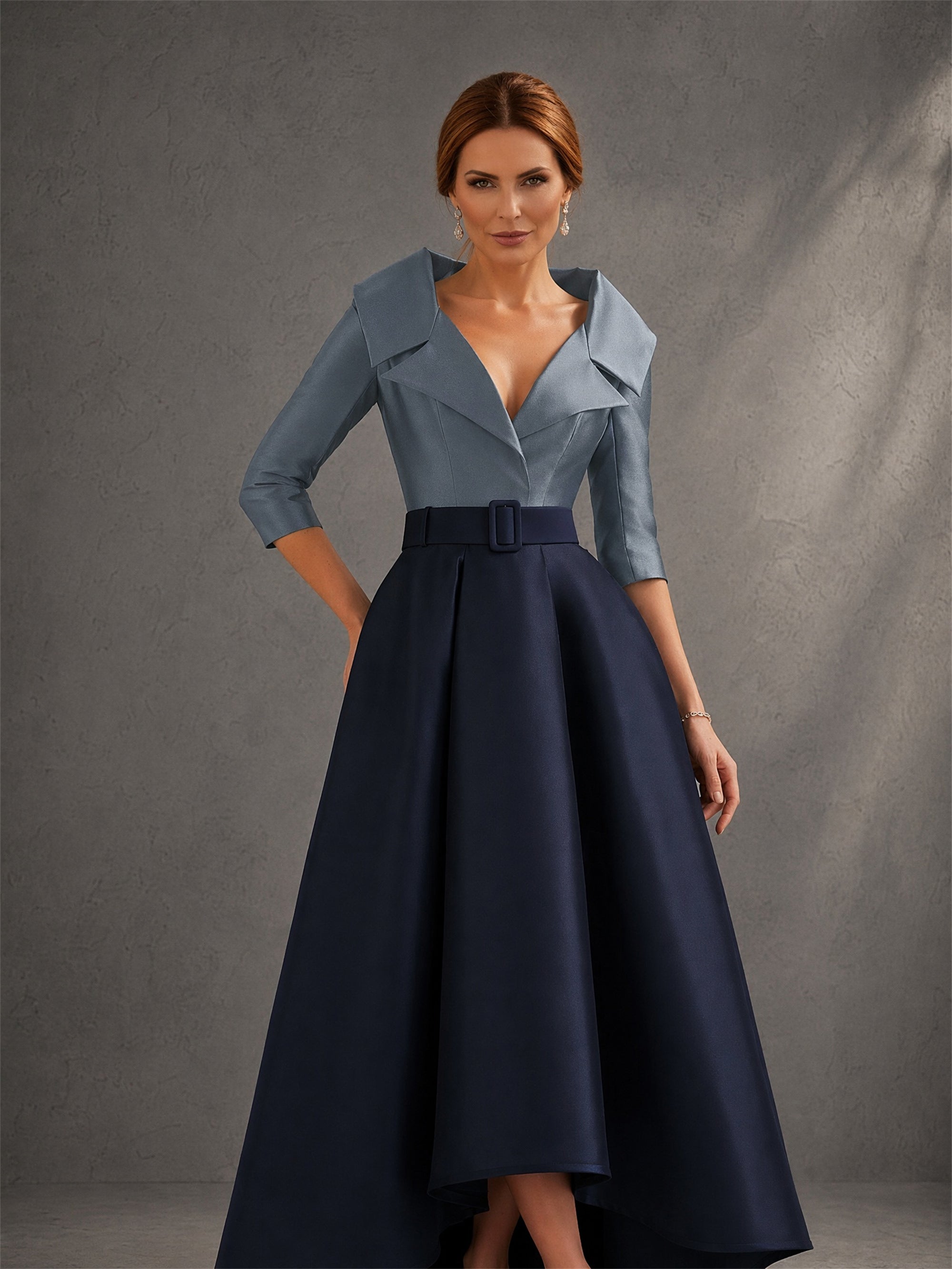 BOLODOO Two-Tone Steel Blue Navy Lapel Collar Satin Hi-Low A-Line Gown – Front View Upper Body & Belt Detail