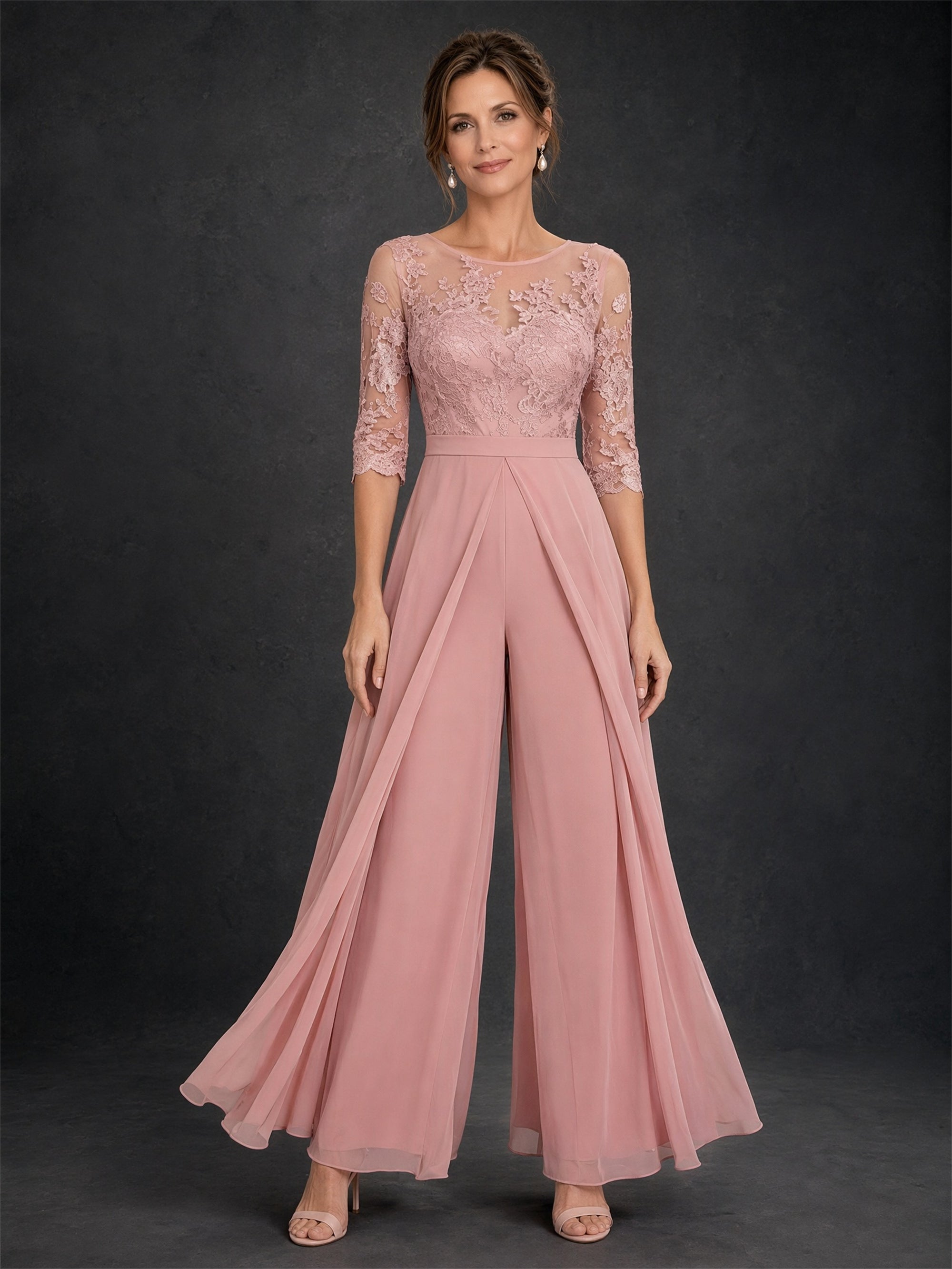 BOLODOO dusty rose lace chiffon jumpsuit - front standing view showing complete silhouette with wide-leg chiffon pants and lace bodice detail