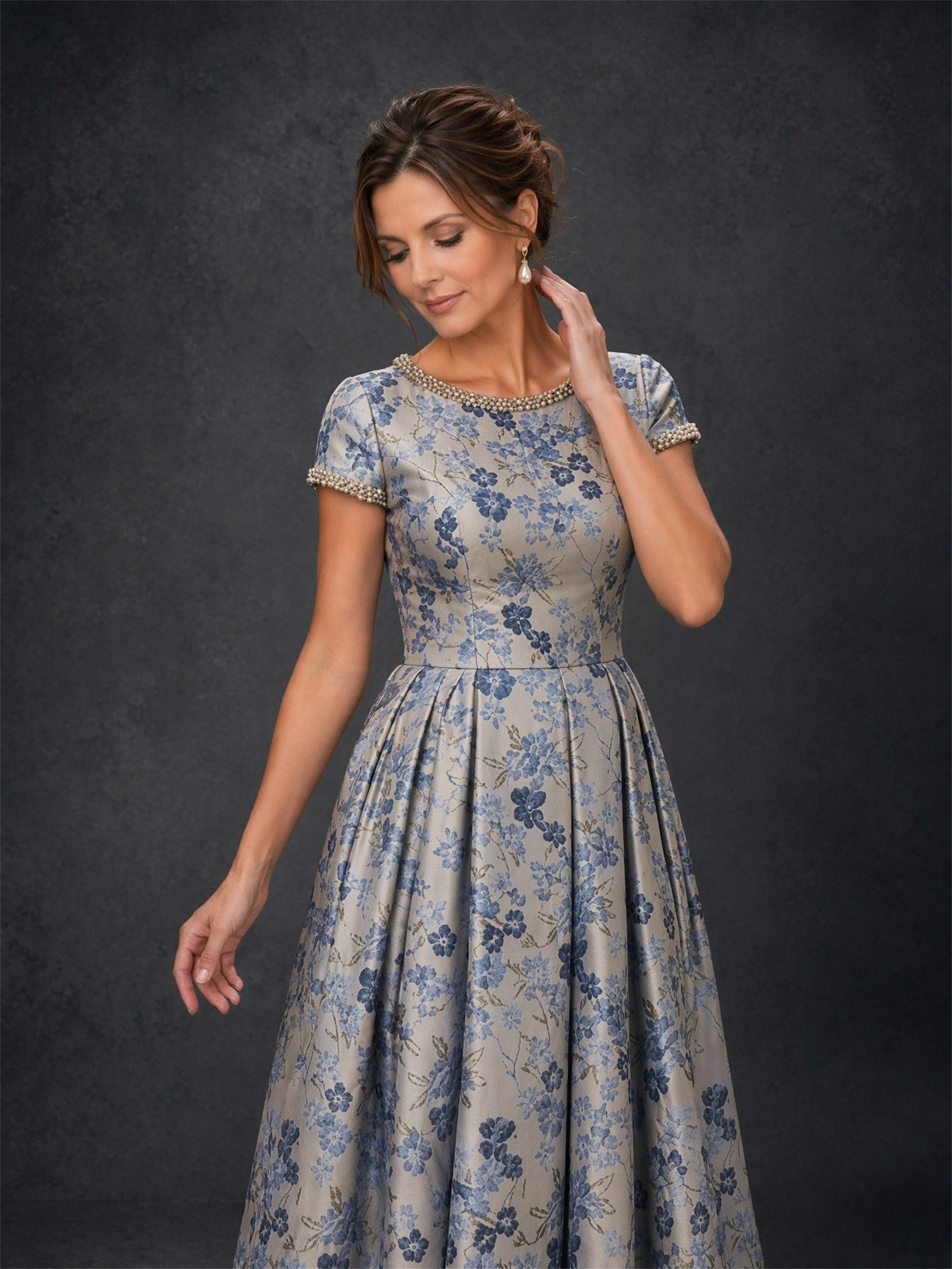BOLODOO blue floral jacquard ball gown - back full length view showing covered back and pleated skirt