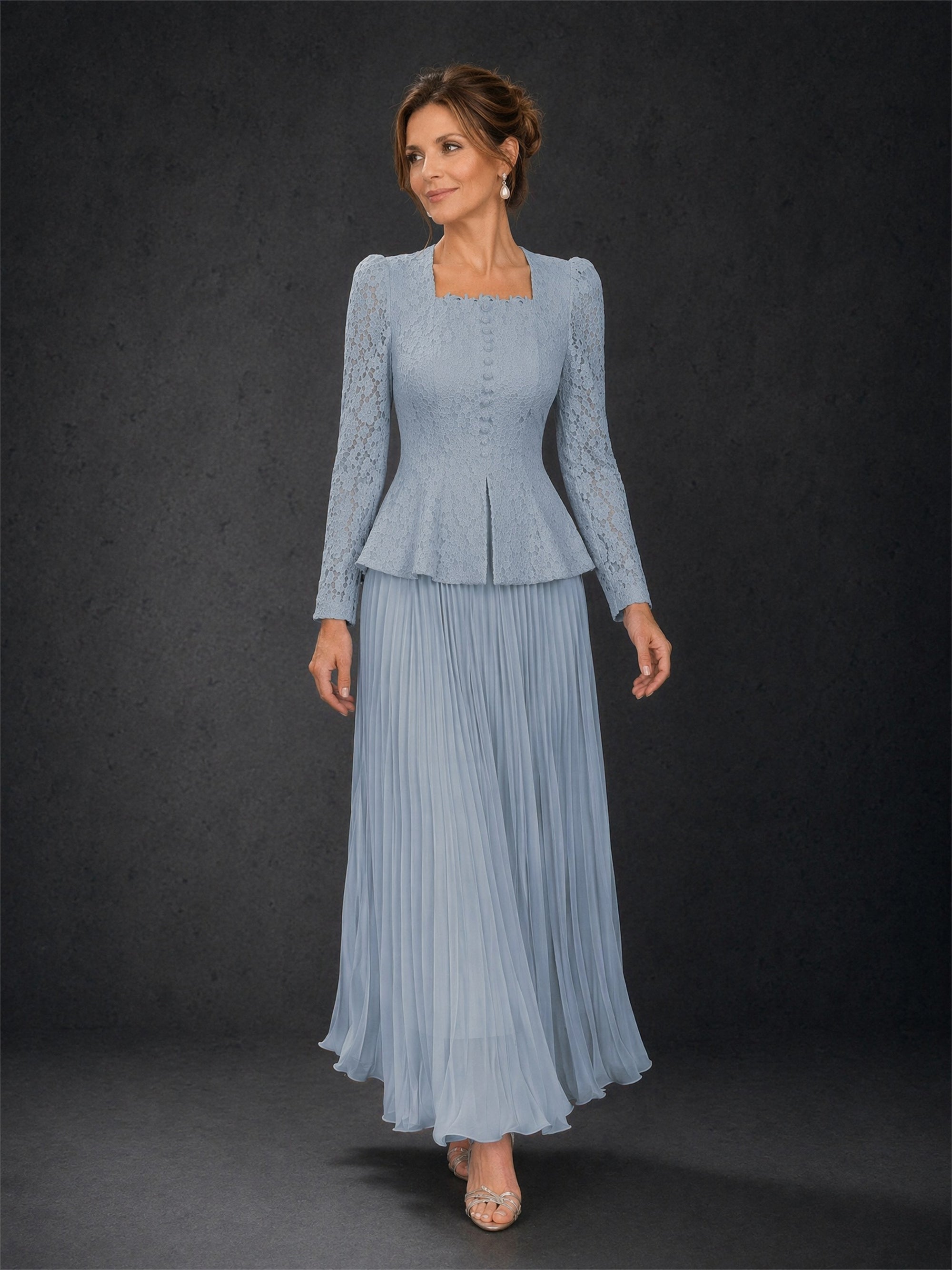 BOLODOO Dusty Blue Lace Square Neck Long Sleeve Peplum Pleated Maxi Dress - Front Three Quarter Walking View