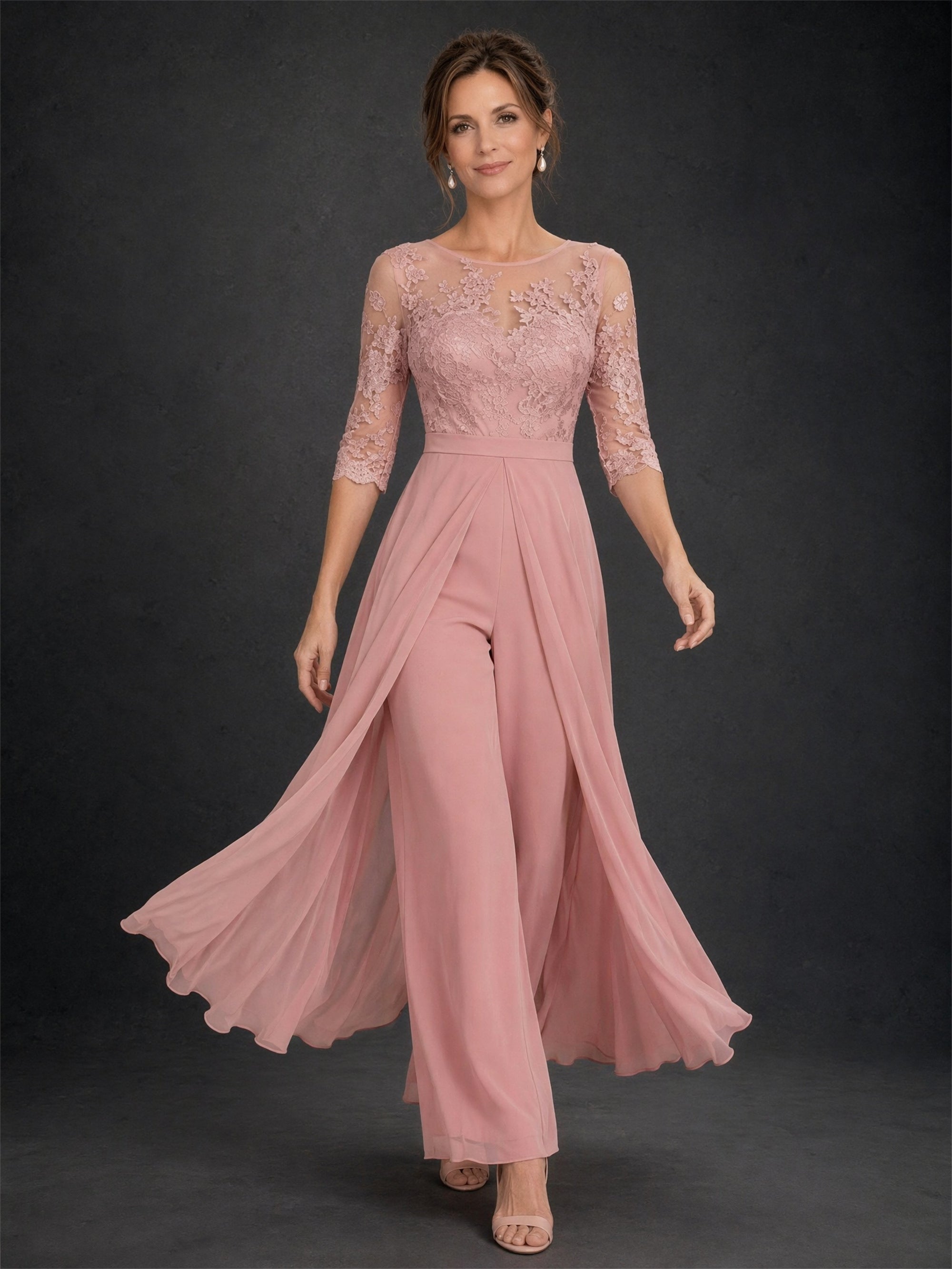 BOLODOO dusty rose lace bodice chiffon jumpsuit - front close-up showing sheer illusion neckline, floral lace appliqué bodice and 3/4 sleeve detail