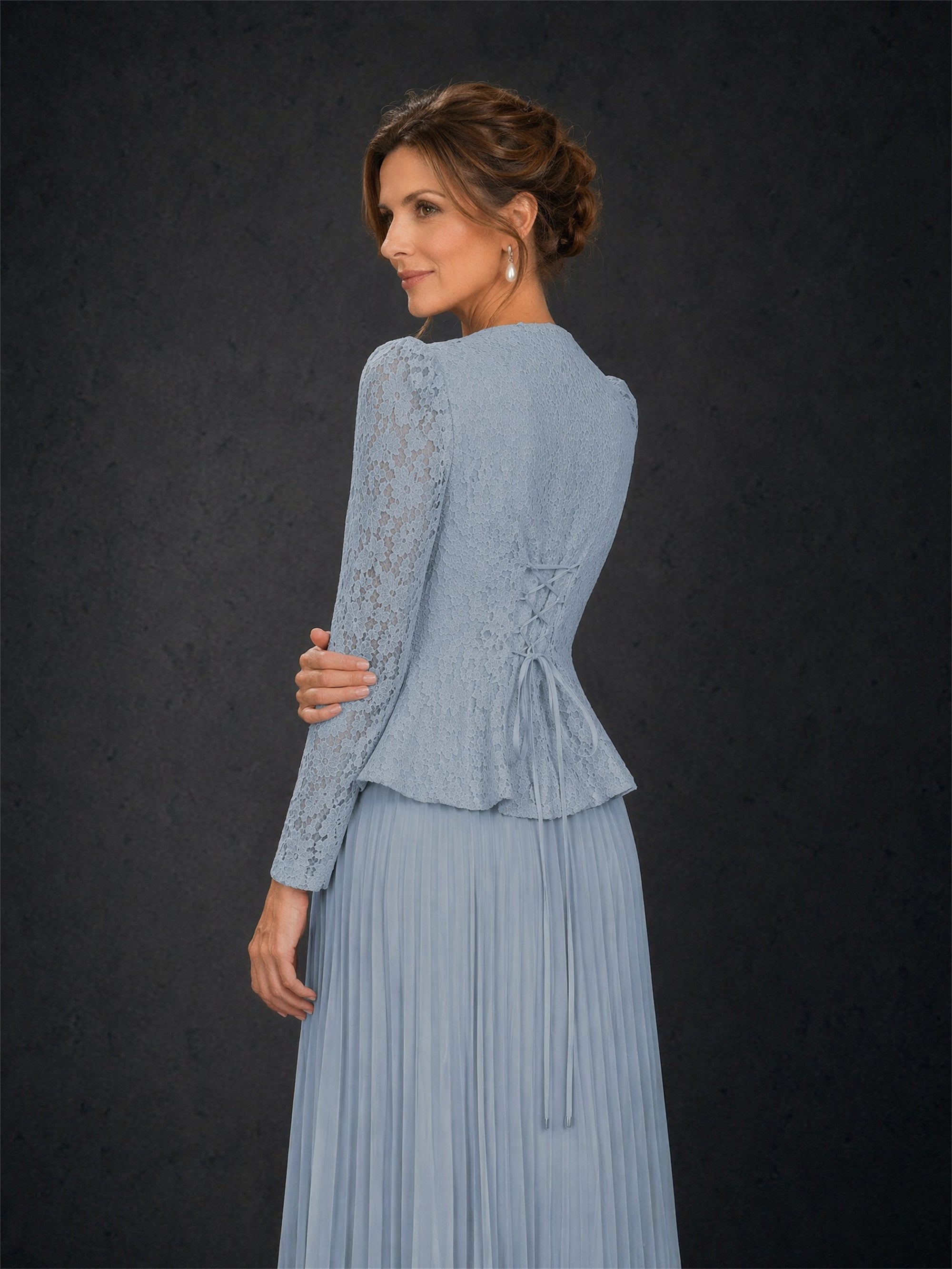 BOLODOO Dusty Blue Lace Square Neck Long Sleeve Peplum Pleated Maxi Dress - Upper Body Close Up showing Square Neck and Lace Detail