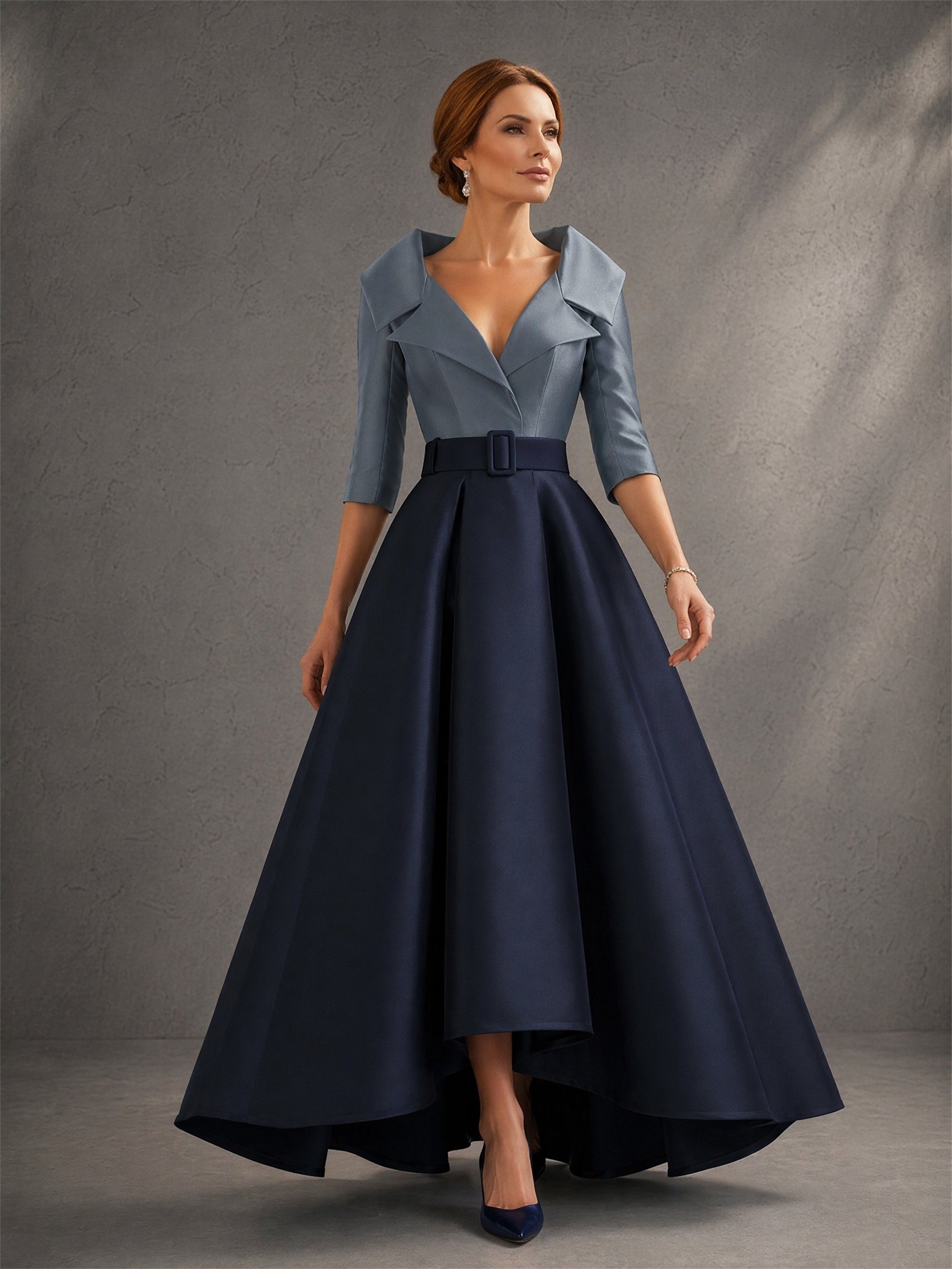 BOLODOO Two-Tone Steel Blue Navy Lapel Collar Satin Hi-Low A-Line Gown – Three-Quarter View Showing Hi-Low Hem