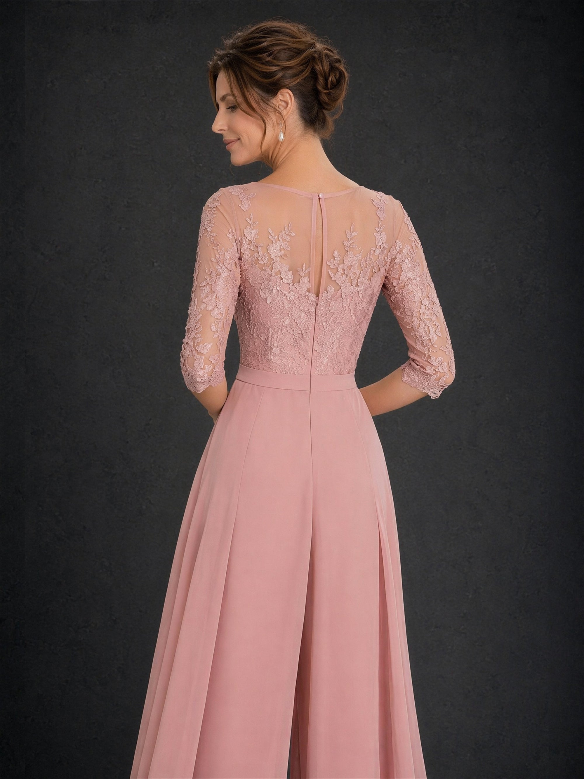 BOLODOO dusty rose lace bodice wide-leg chiffon jumpsuit - back view showing sheer lace back, concealed zipper and flowing wide-leg chiffon pants