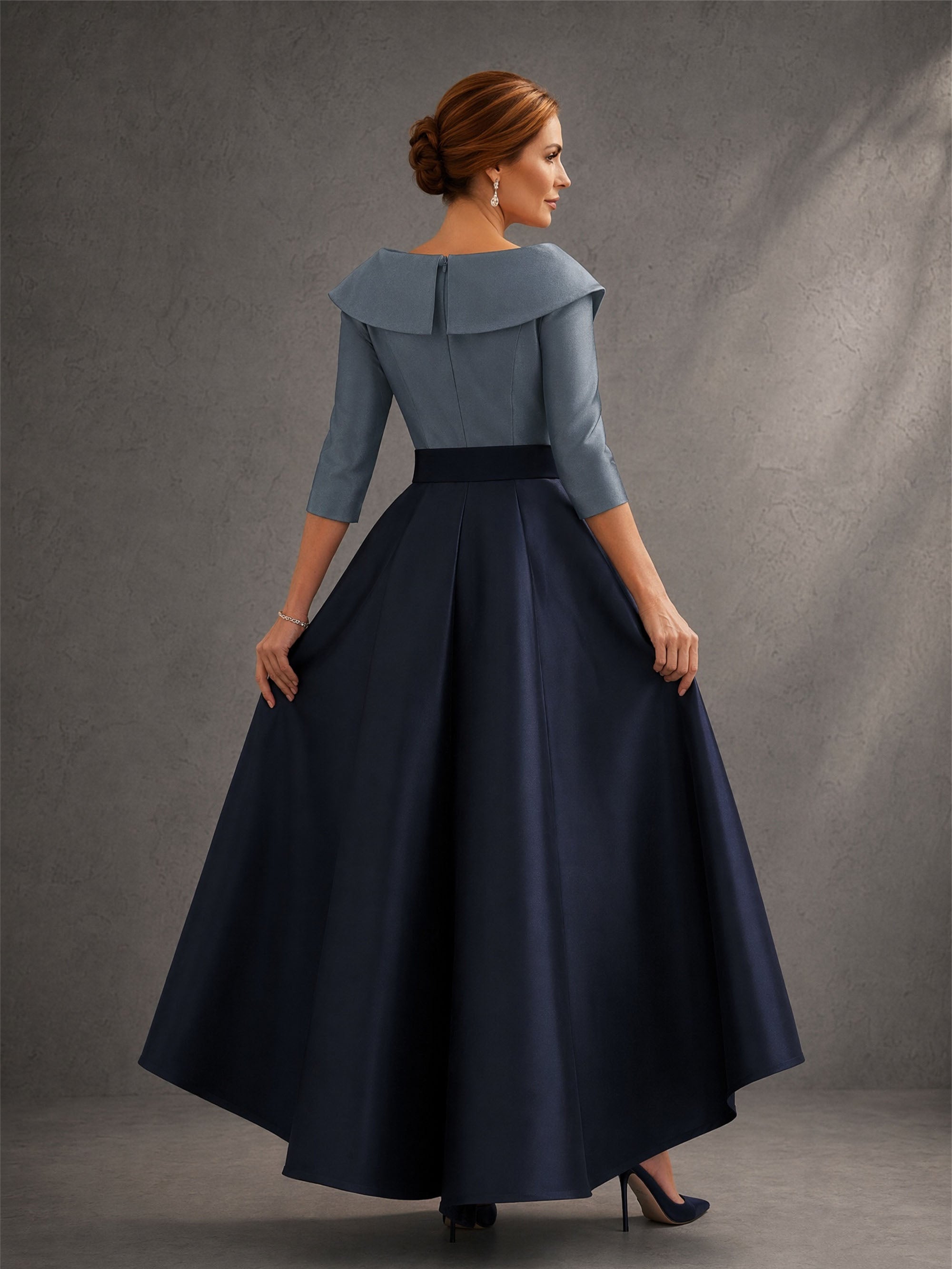 BOLODOO Two-Tone Steel Blue Navy Lapel Collar Satin Hi-Low A-Line Gown – Back View Full Length
