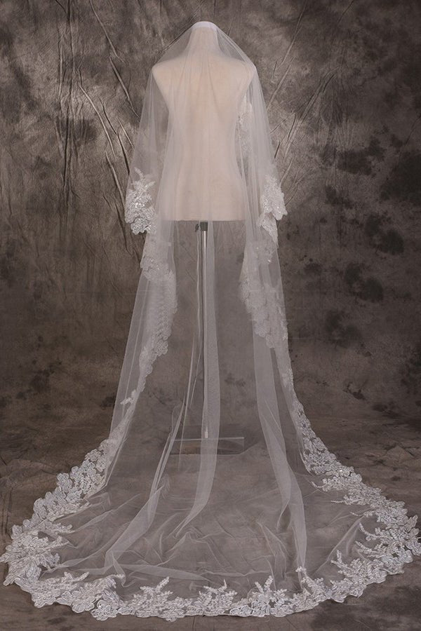 Vintage One Tier Lace Edge With Tulle Wedding Veil - BOLODOO