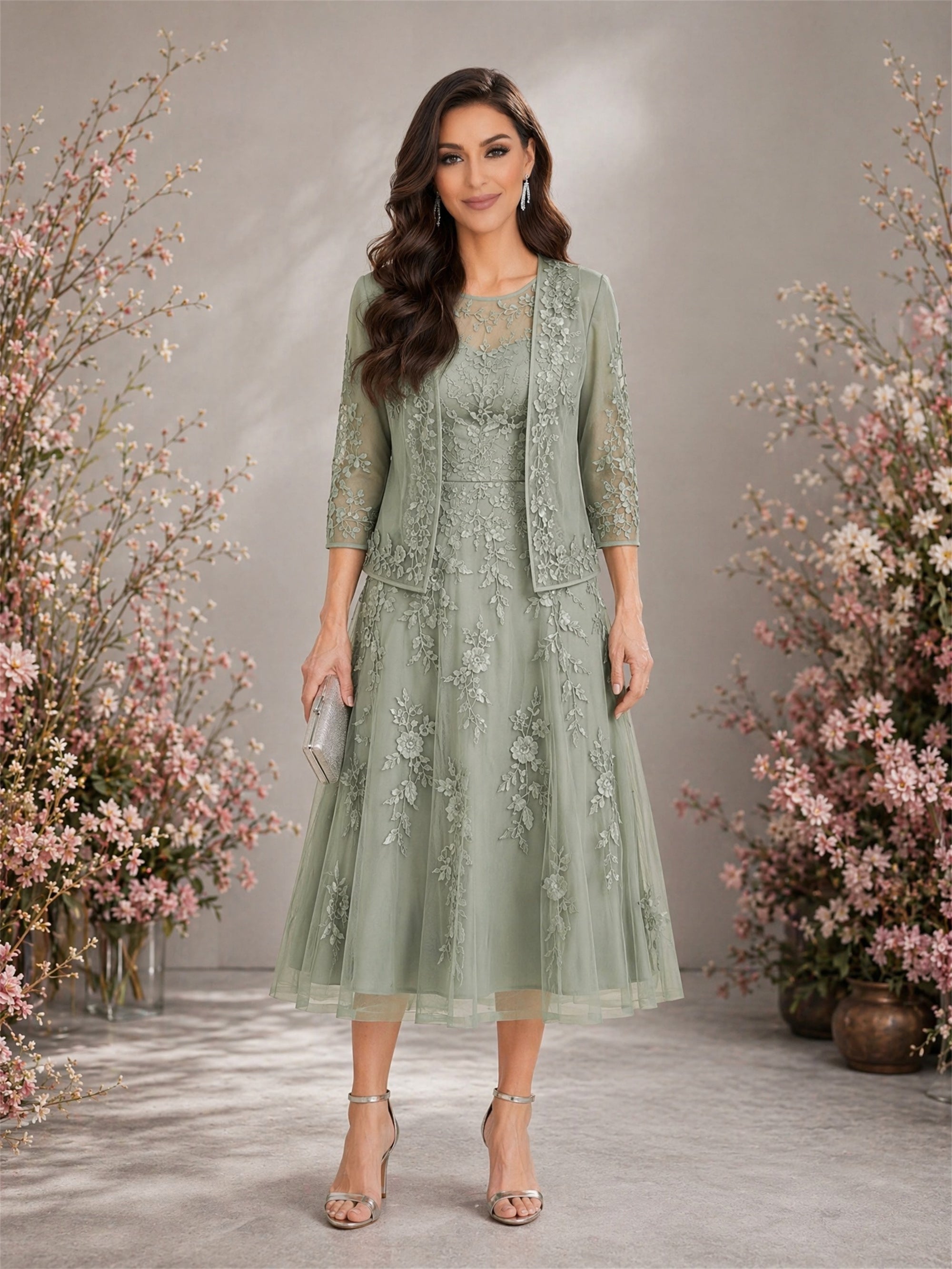 BOLODOO Sage Green Lace Tulle 2-Piece Tea Length Formal Dress - Front Full View
