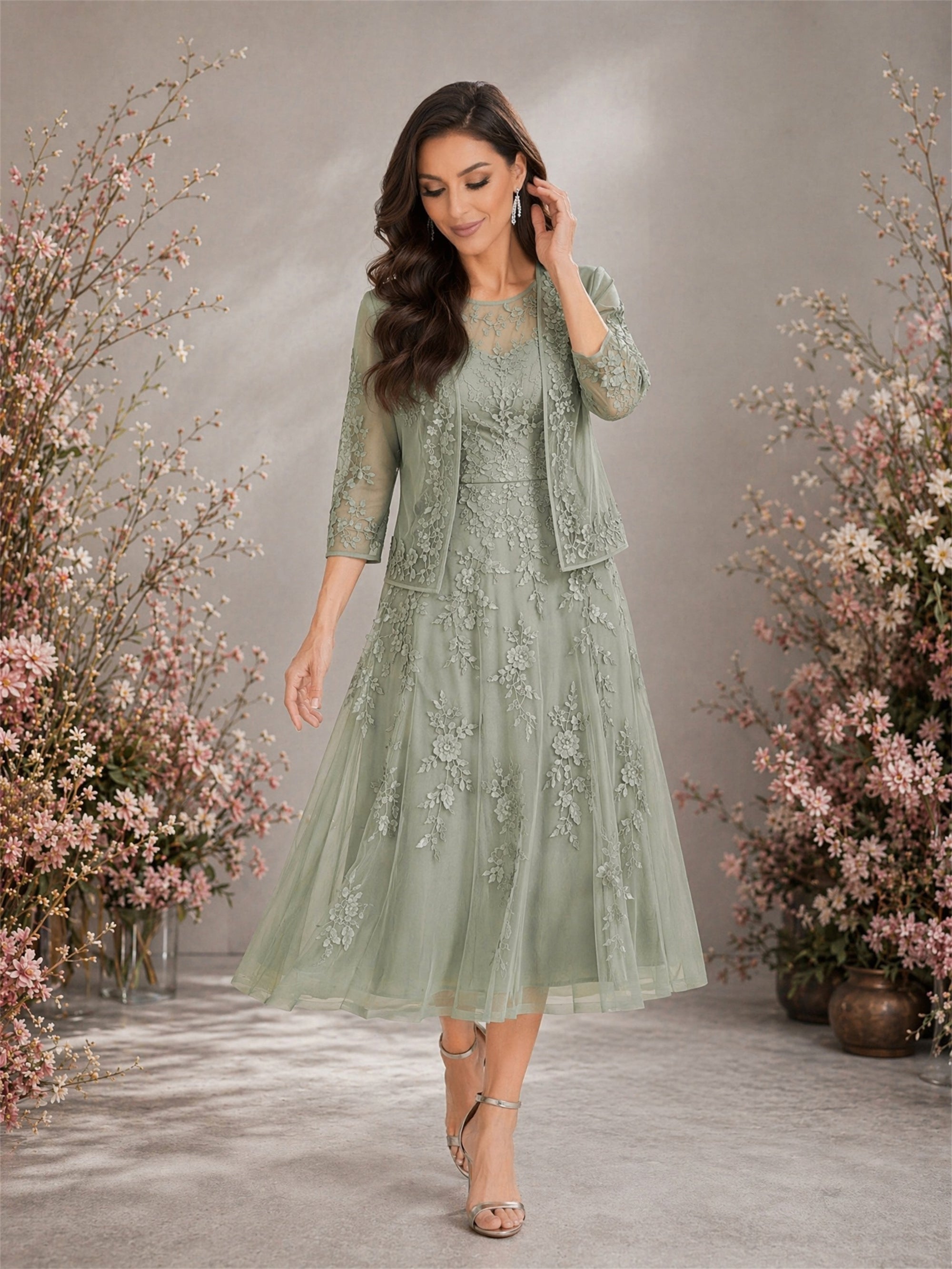 BOLODOO Sage Green Lace Tulle 2-Piece Tea Length Formal Dress - Front Walking View