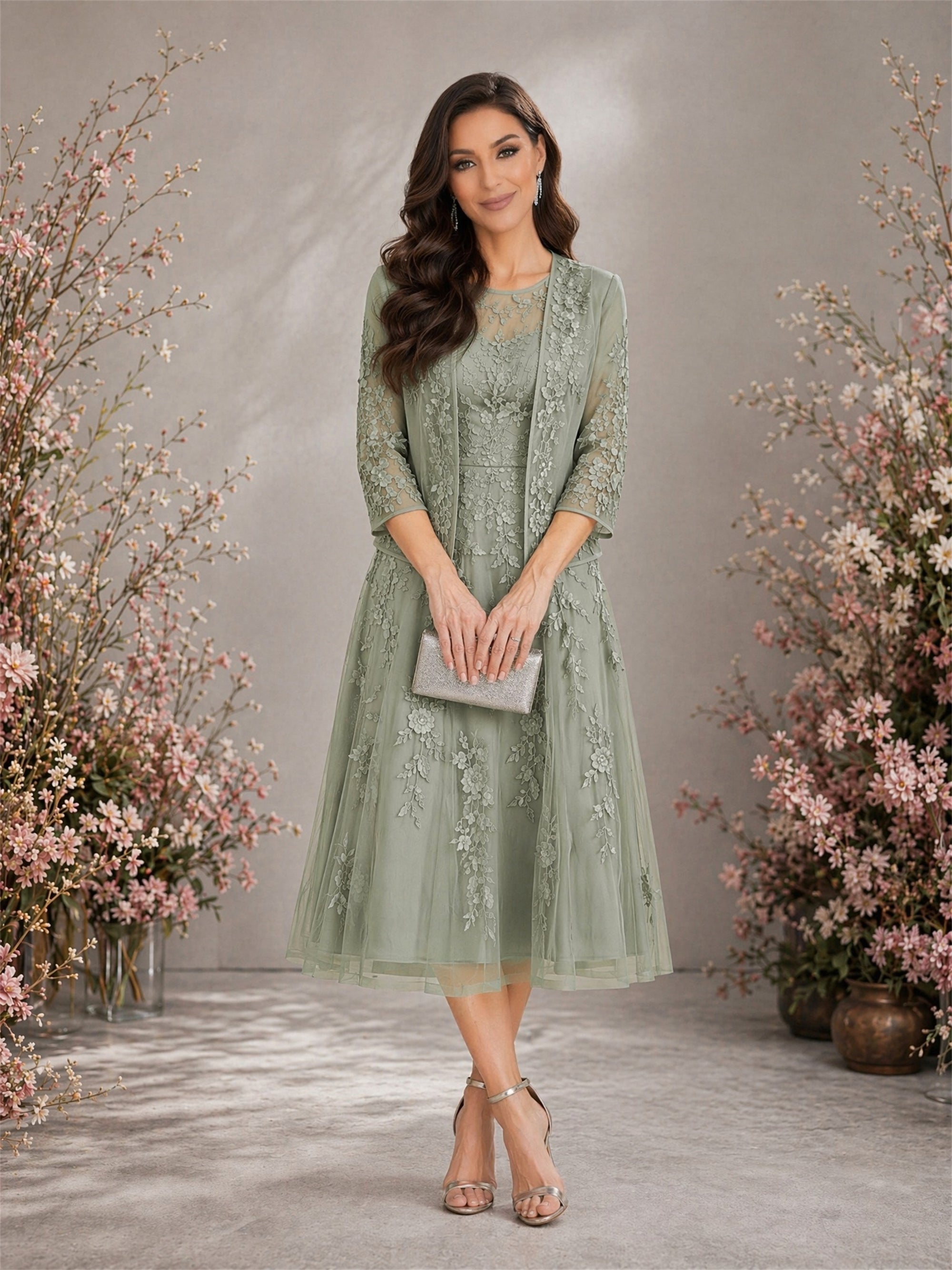 BOLODOO Sage Green Lace Tulle 2-Piece Tea Length Formal Dress - Front with Clutch