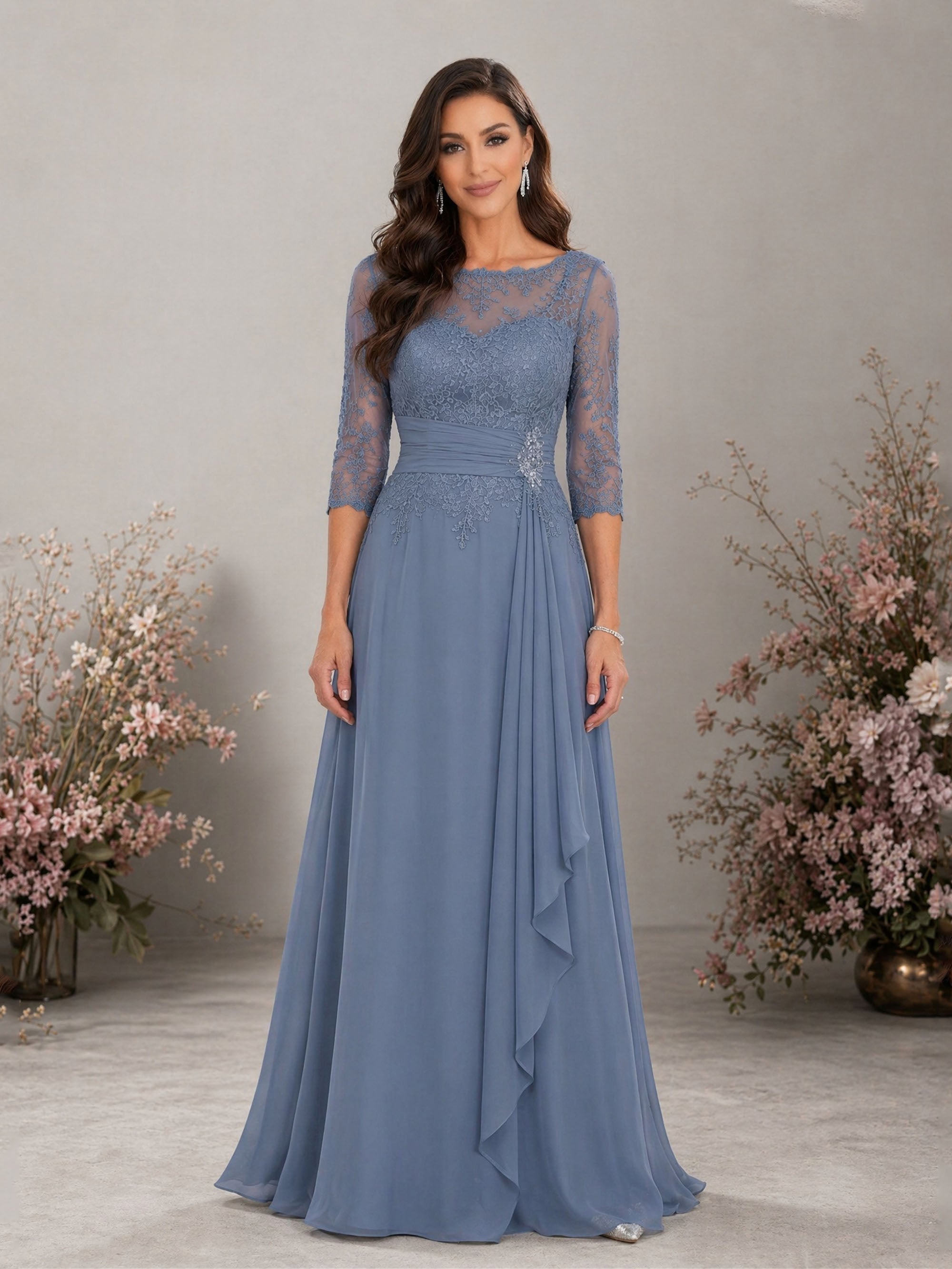 BOLODOO Dusty Blue Chiffon Lace Formal Gown - Bodice and Waist Detail