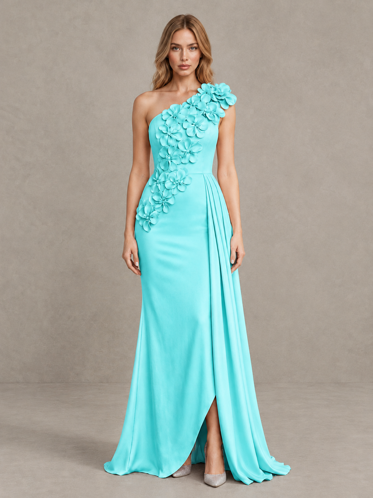 BOLODOO Aqua One-Shoulder Satin Mermaid Evening Gown with 3D Floral Appliqué - Aqua - Aqua_1
