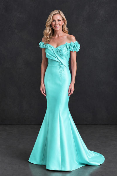 BOLODOO Aqua Off-Shoulder Floral Mermaid Mother of the Bride Dress - Aqua - Aqua_1