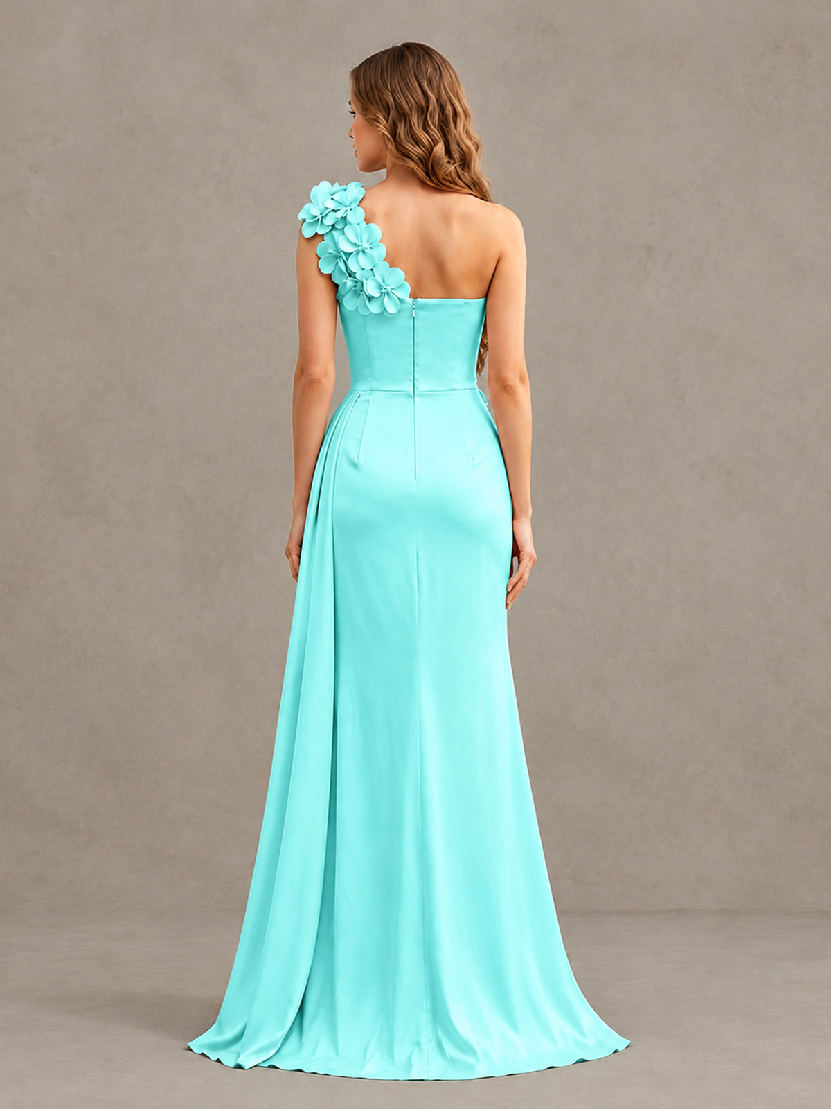BOLODOO Aqua One-Shoulder Satin Mermaid Evening Gown with 3D Floral Appliqué - Aqua - Aqua_2