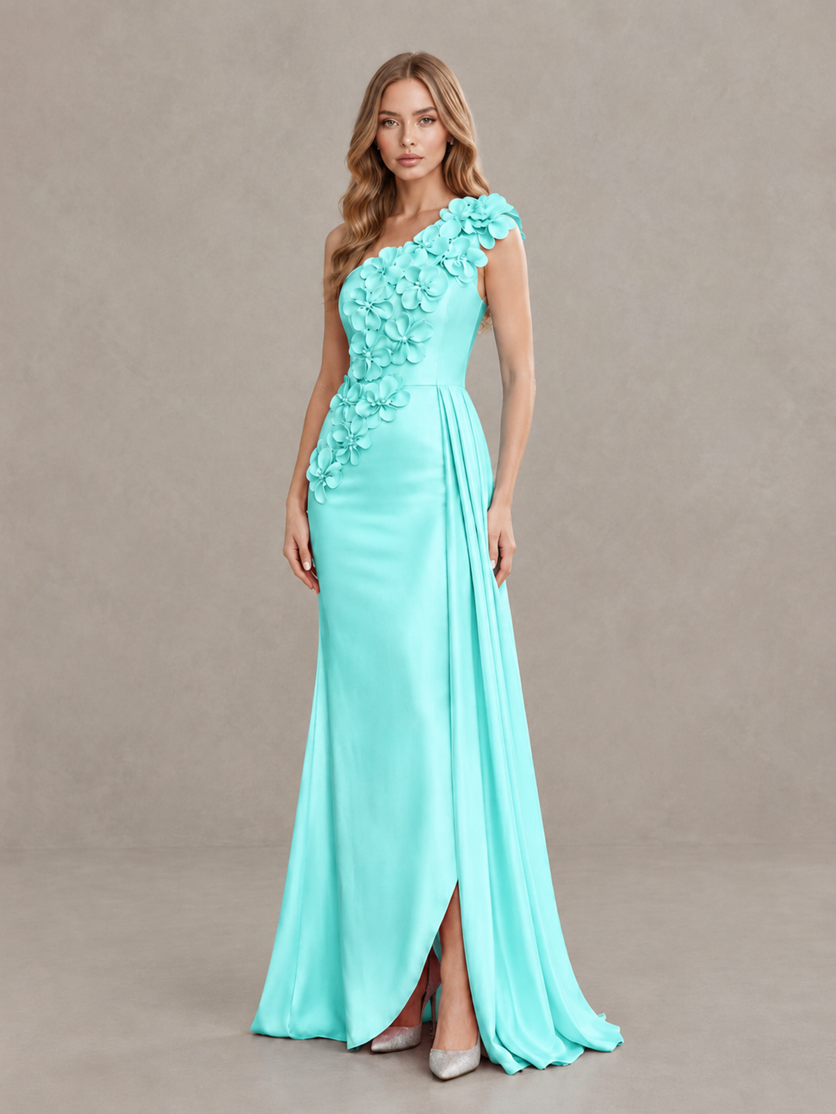 BOLODOO Aqua One-Shoulder Satin Mermaid Evening Gown with 3D Floral Appliqué - Aqua - Aqua_3