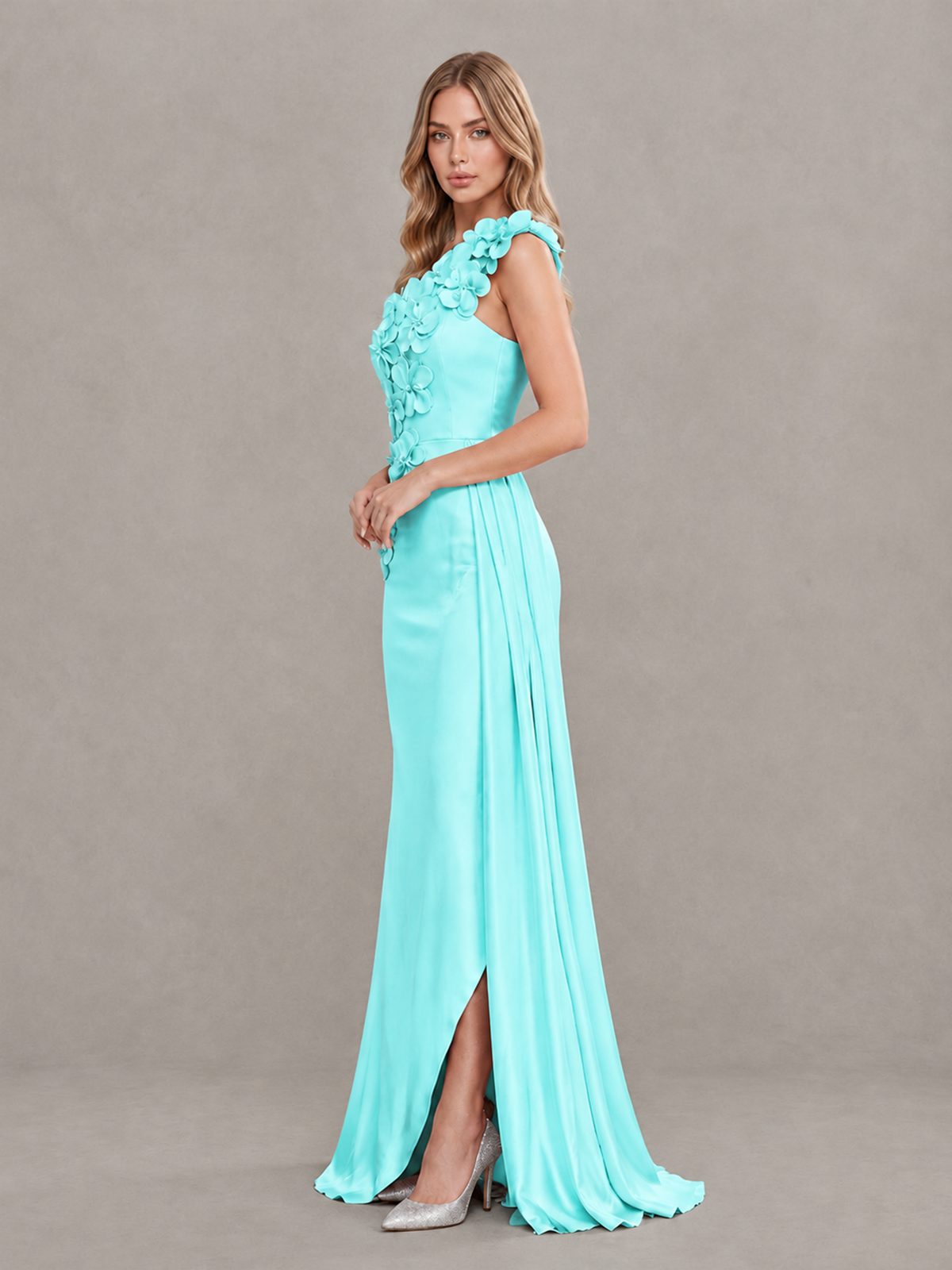 BOLODOO Aqua One-Shoulder Satin Mermaid Evening Gown with 3D Floral Appliqué - Aqua - Aqua_4