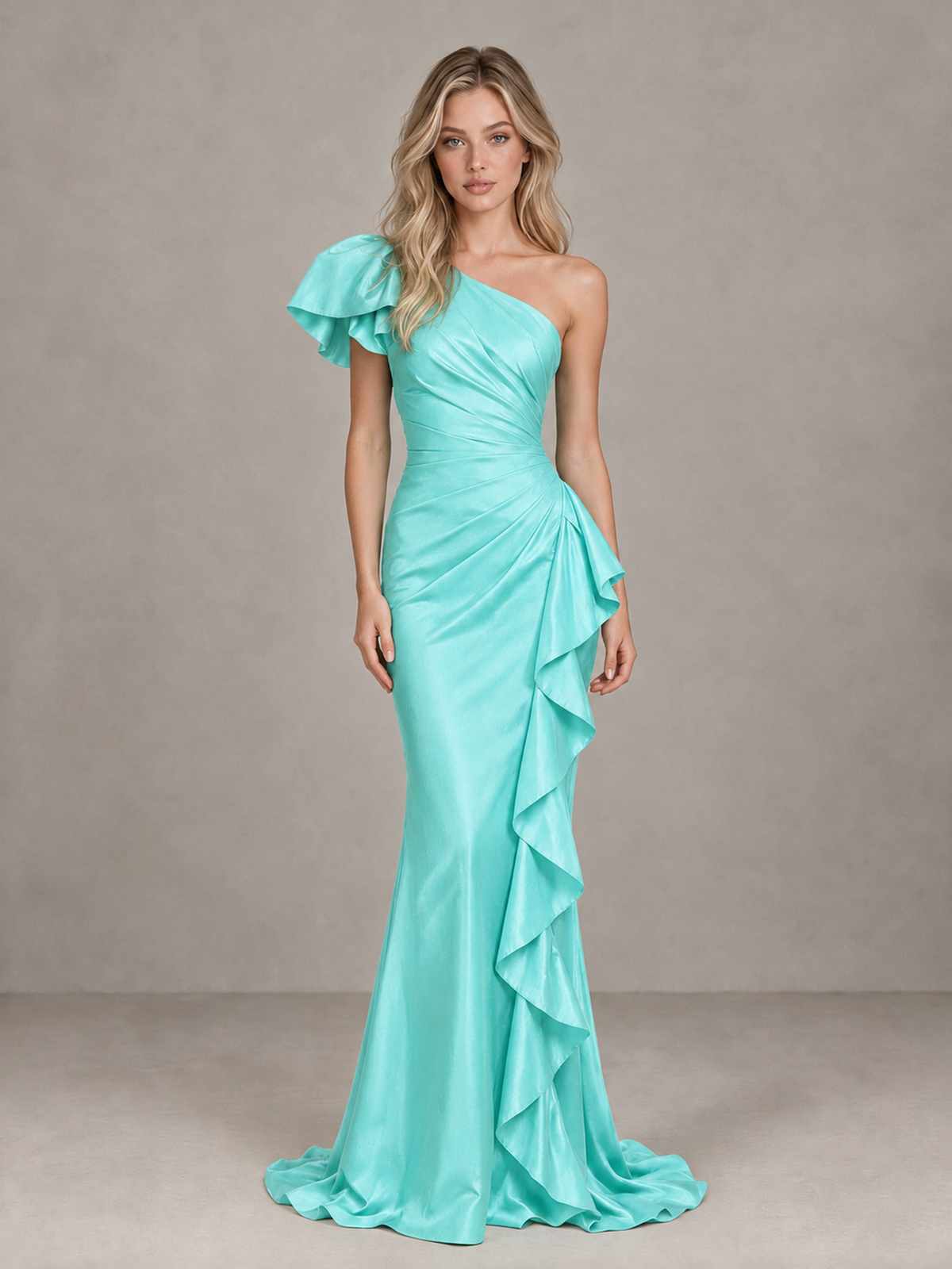 BOLODOO Aqua One-Shoulder Satin-Look Mermaid Evening Dress with Ruffles - Aqua - Aqua (1)