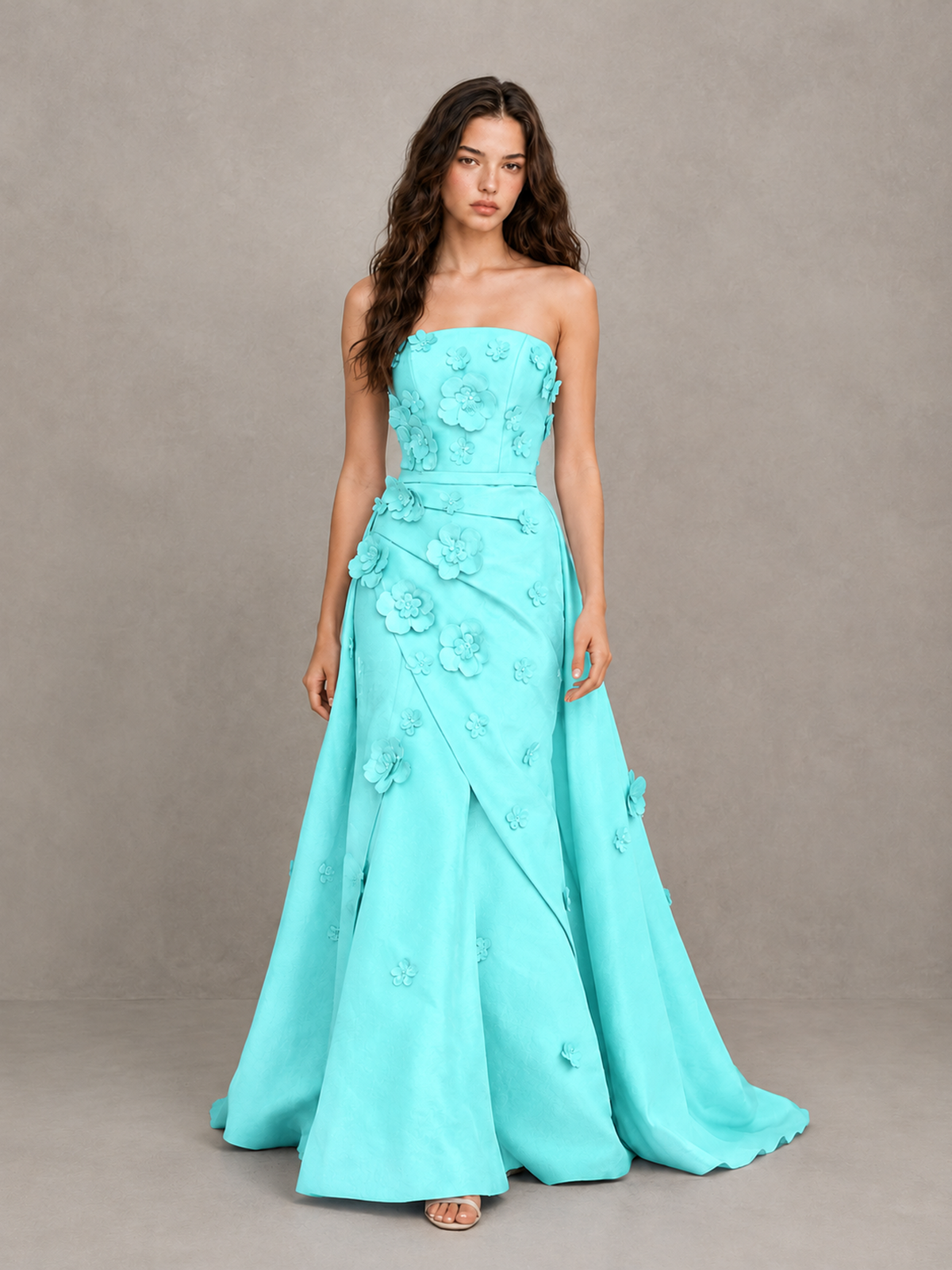 BOLODOO Aqua Strapless 3D Floral Applique Prom Gown with Draped Skirt - Aqua - Aqua (1)