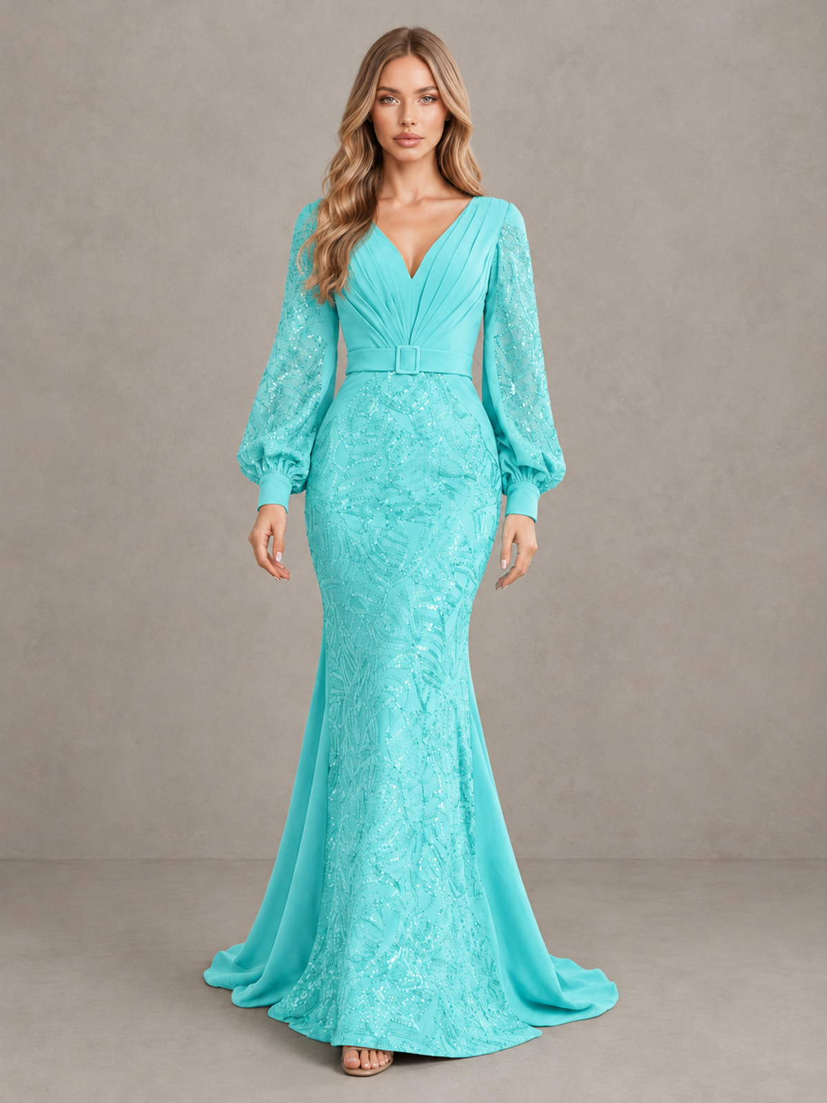 BOLODOO Aqua Sequin Long Bishop Sleeve Mermaid Evening Dress - Aqua - Aqua (1)