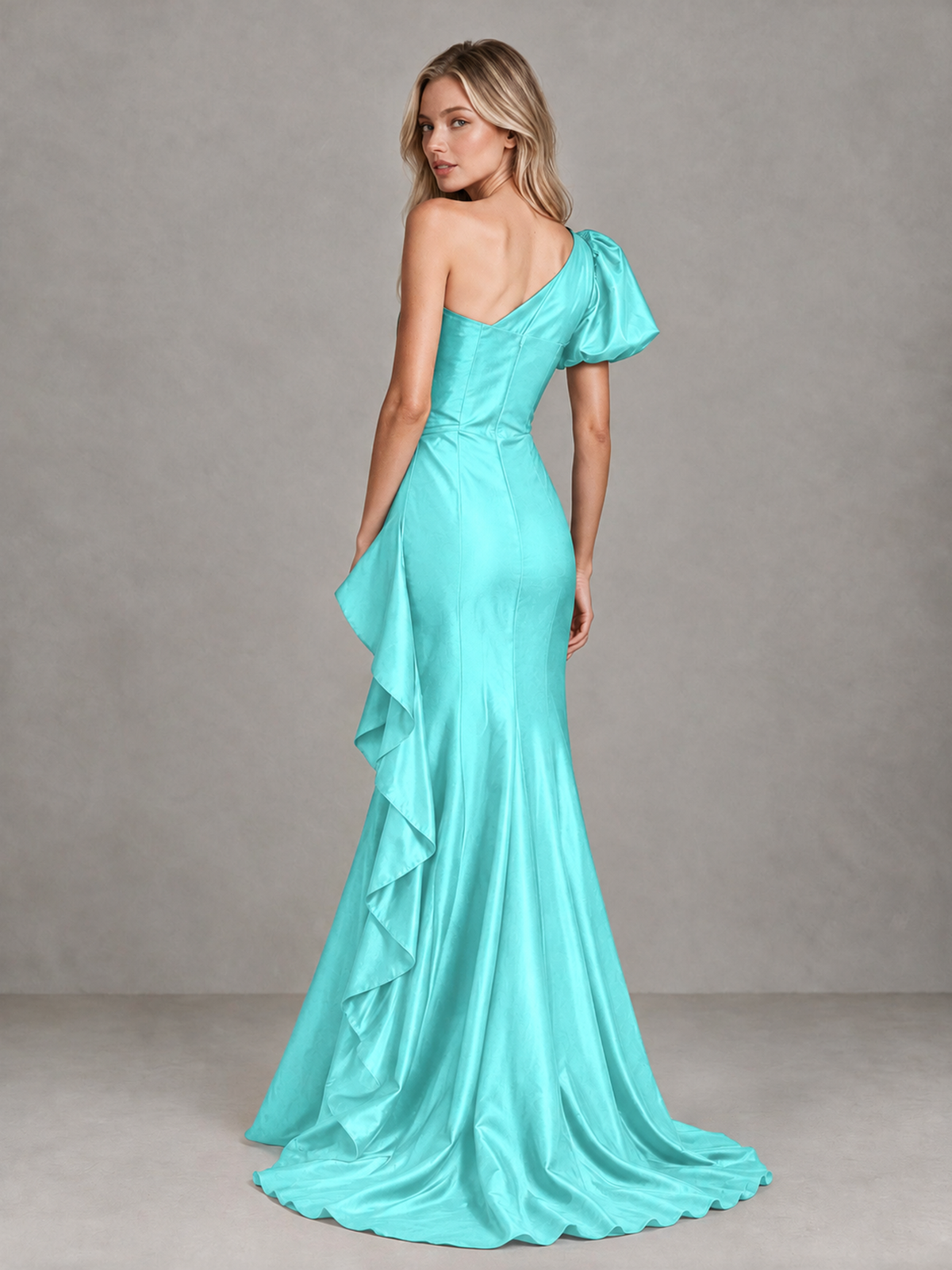 BOLODOO Aqua One-Shoulder Satin-Look Mermaid Evening Dress with Ruffles - Aqua - Aqua (2)