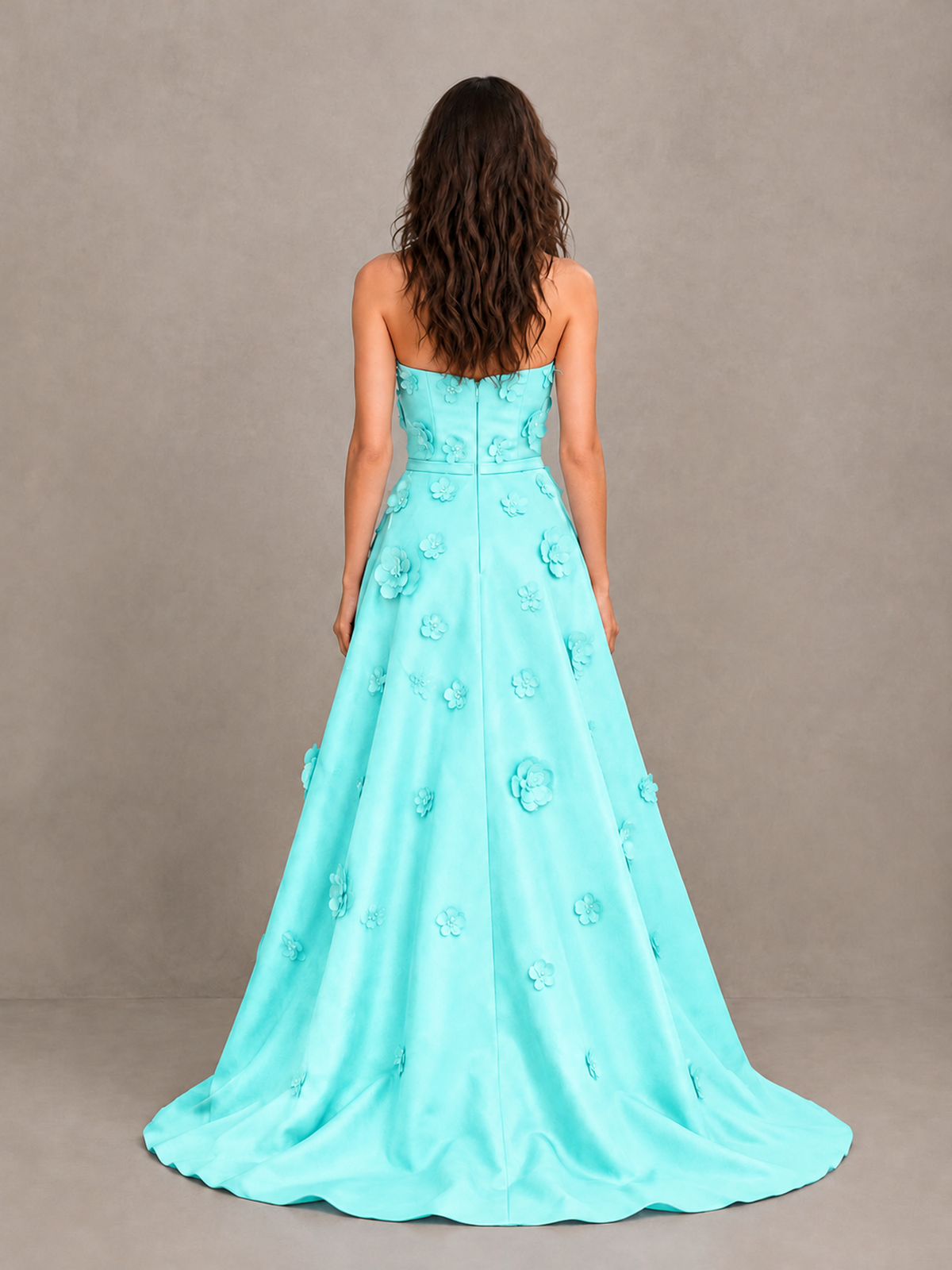 BOLODOO Aqua Strapless 3D Floral Applique Prom Gown with Draped Skirt - Aqua - Aqua (2)