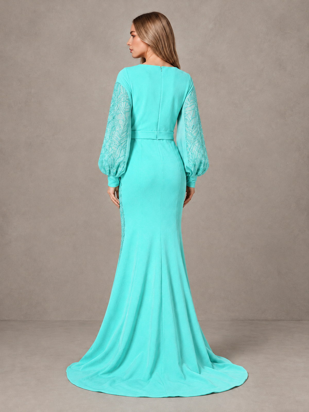 BOLODOO Aqua Sequin Long Bishop Sleeve Mermaid Evening Dress - Aqua - Aqua (2)