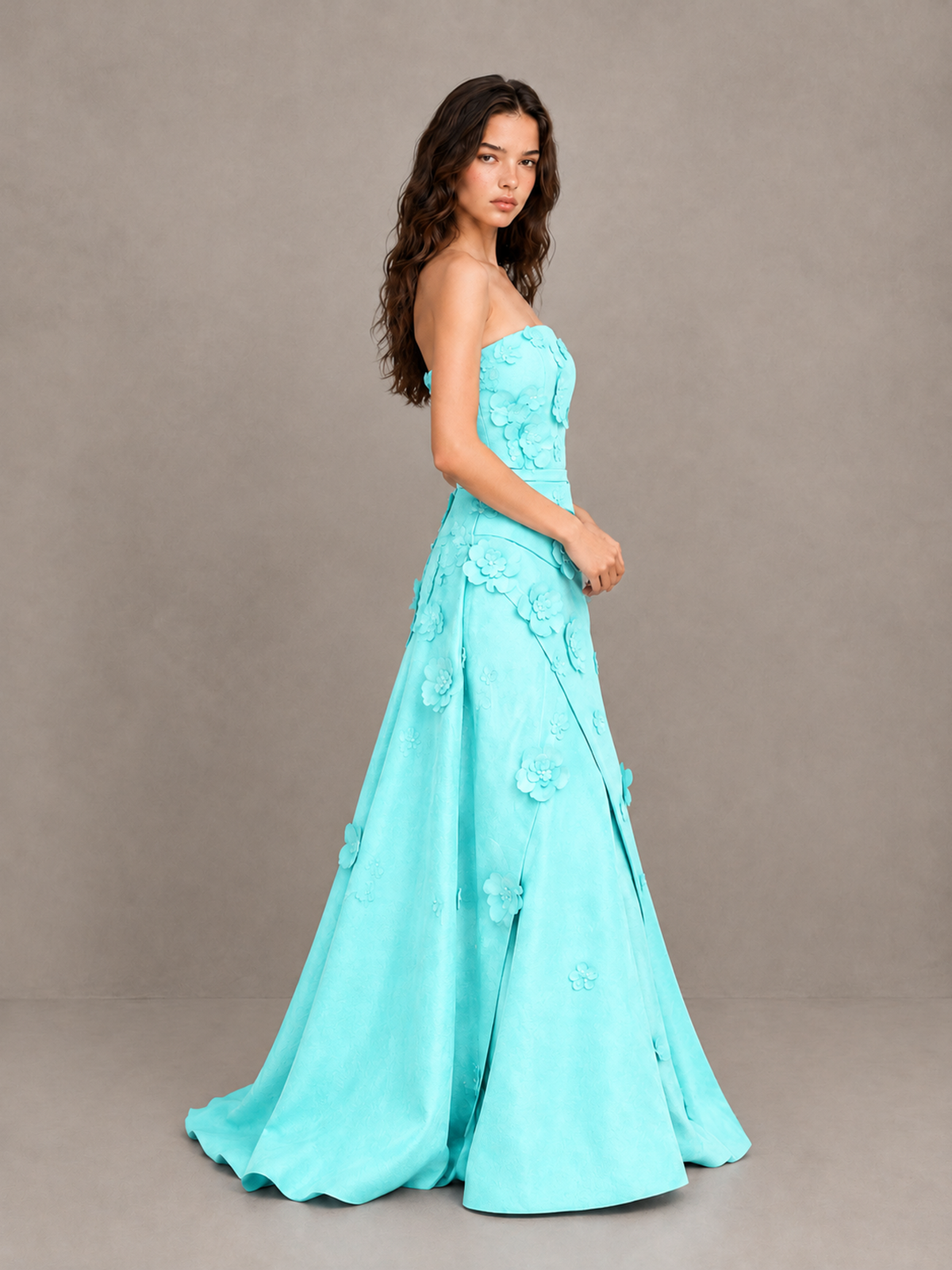 BOLODOO Aqua Strapless 3D Floral Applique Prom Gown with Draped Skirt - Aqua - Aqua (3)